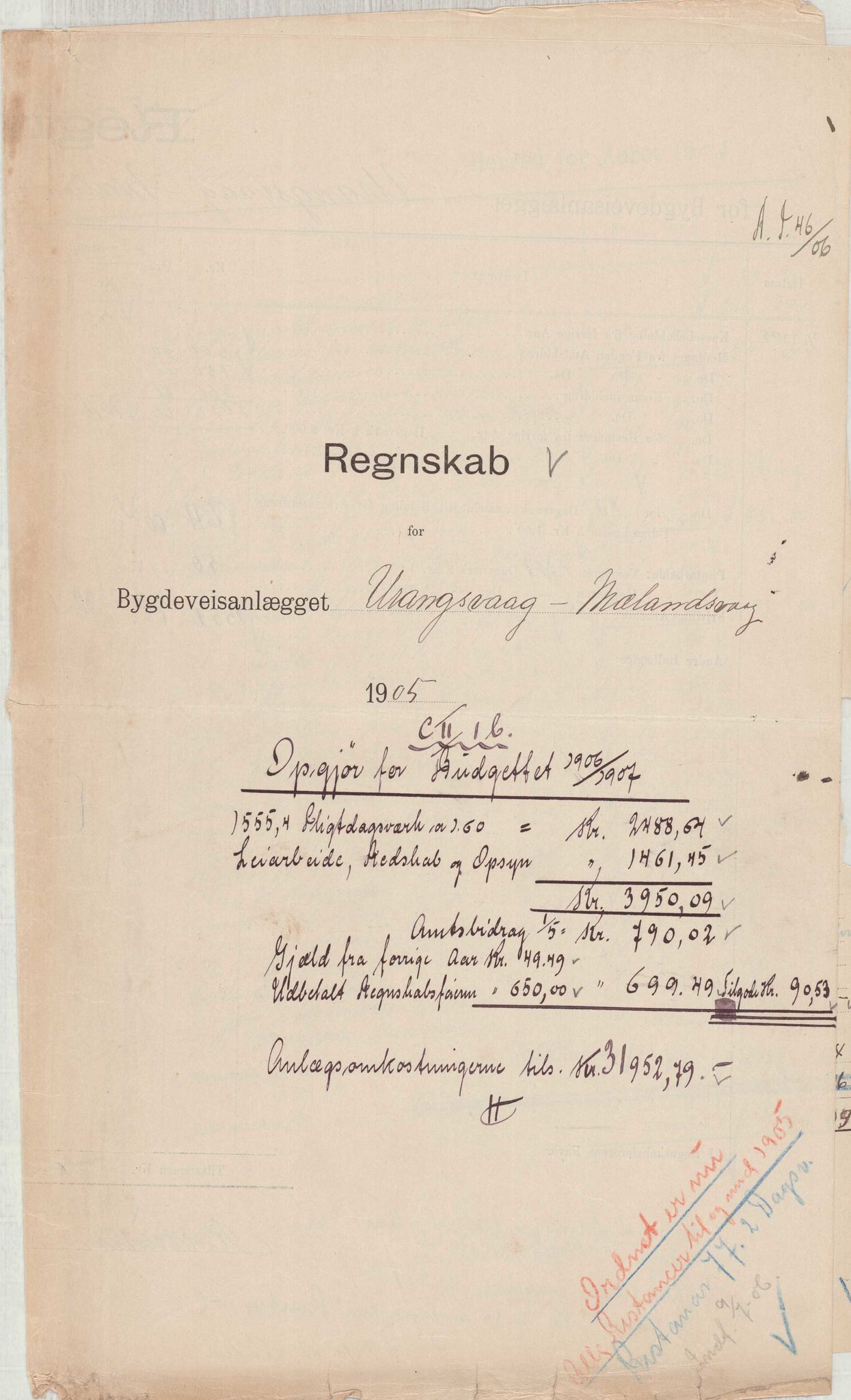 Finnaas kommune. Formannskapet, IKAH/1218a-021/E/Ea/L0002/0003: Rekneskap for veganlegg / Rekneskap for veganlegget Urangsvåg - Mælandsvåg, 1904-1905, p. 42