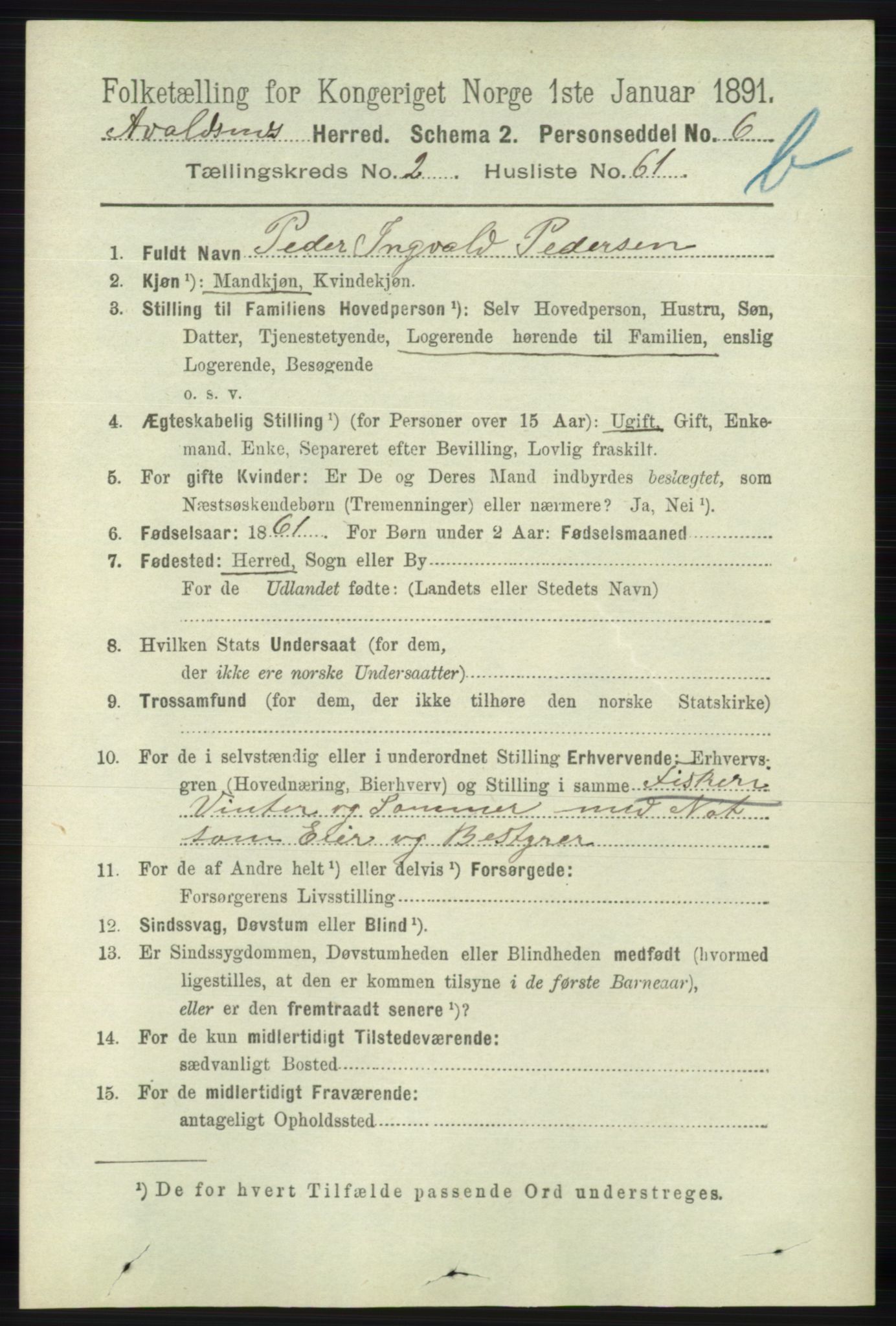 RA, 1891 census for 1147 Avaldsnes, 1891, p. 2317