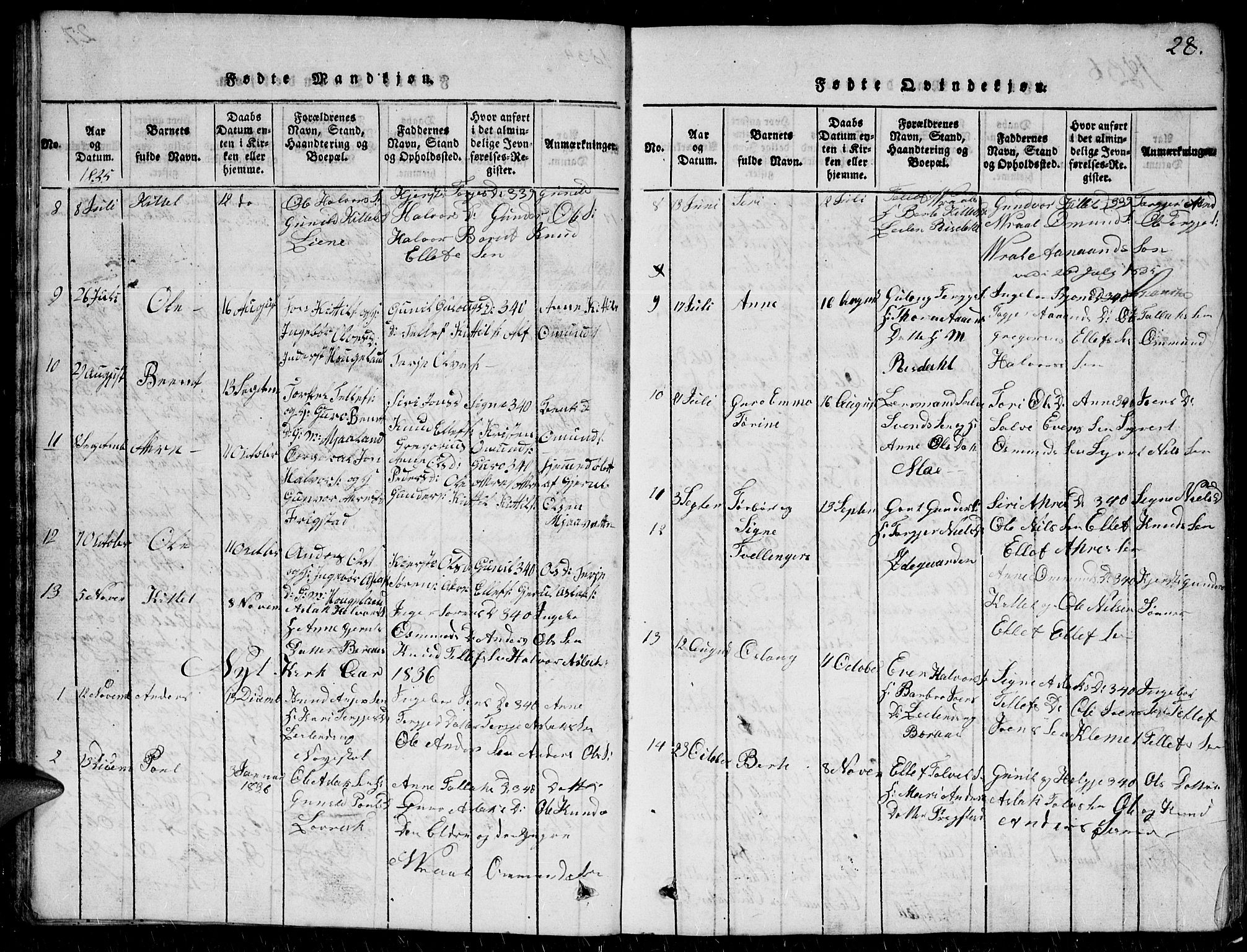 Herefoss sokneprestkontor, SAK/1111-0019/F/Fb/Fbc/L0001: Parish register (copy) no. B 1, 1816-1866, p. 28