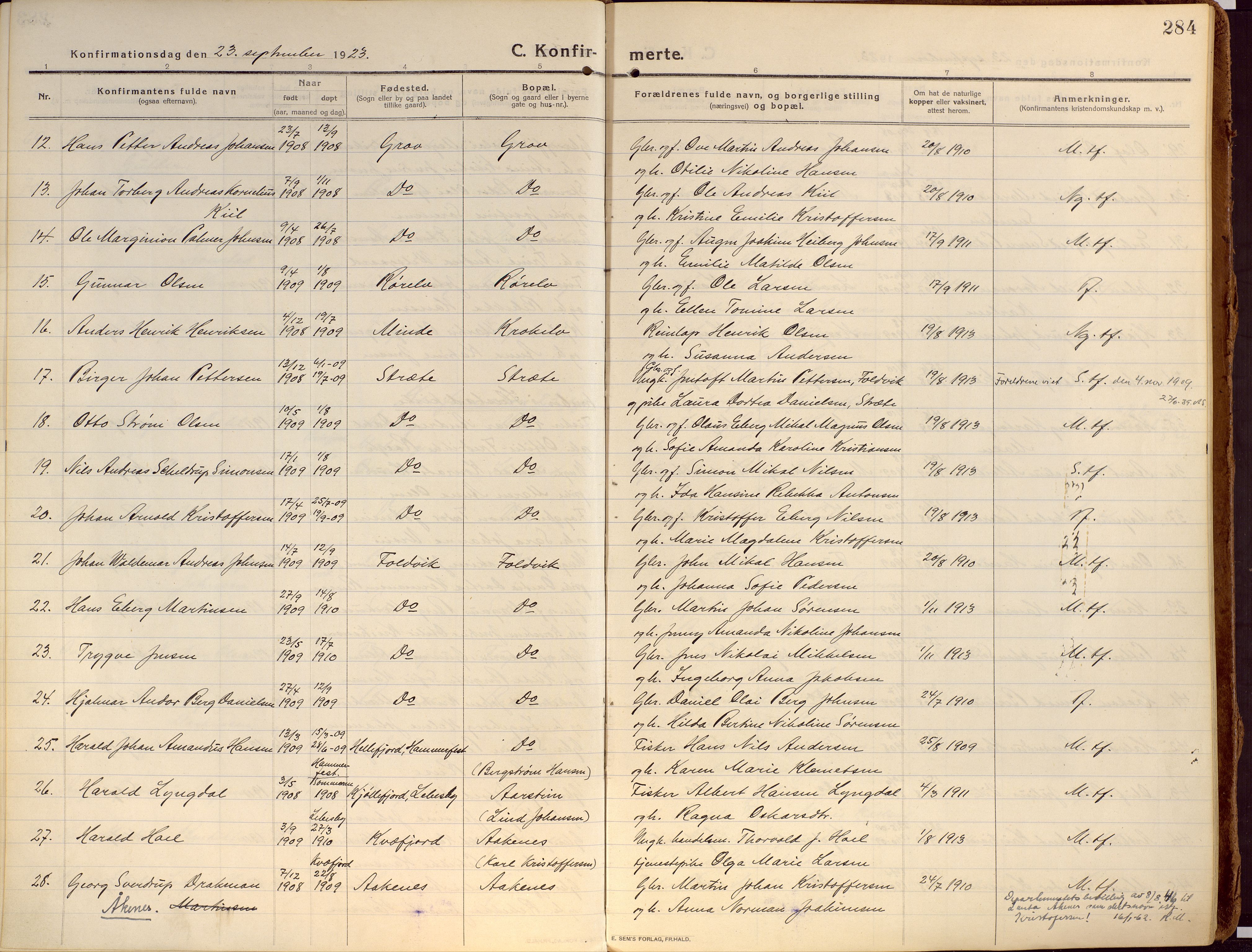 Ibestad sokneprestembete, AV/SATØ-S-0077/H/Ha/Haa/L0018kirke: Parish register (official) no. 18, 1915-1929, p. 284