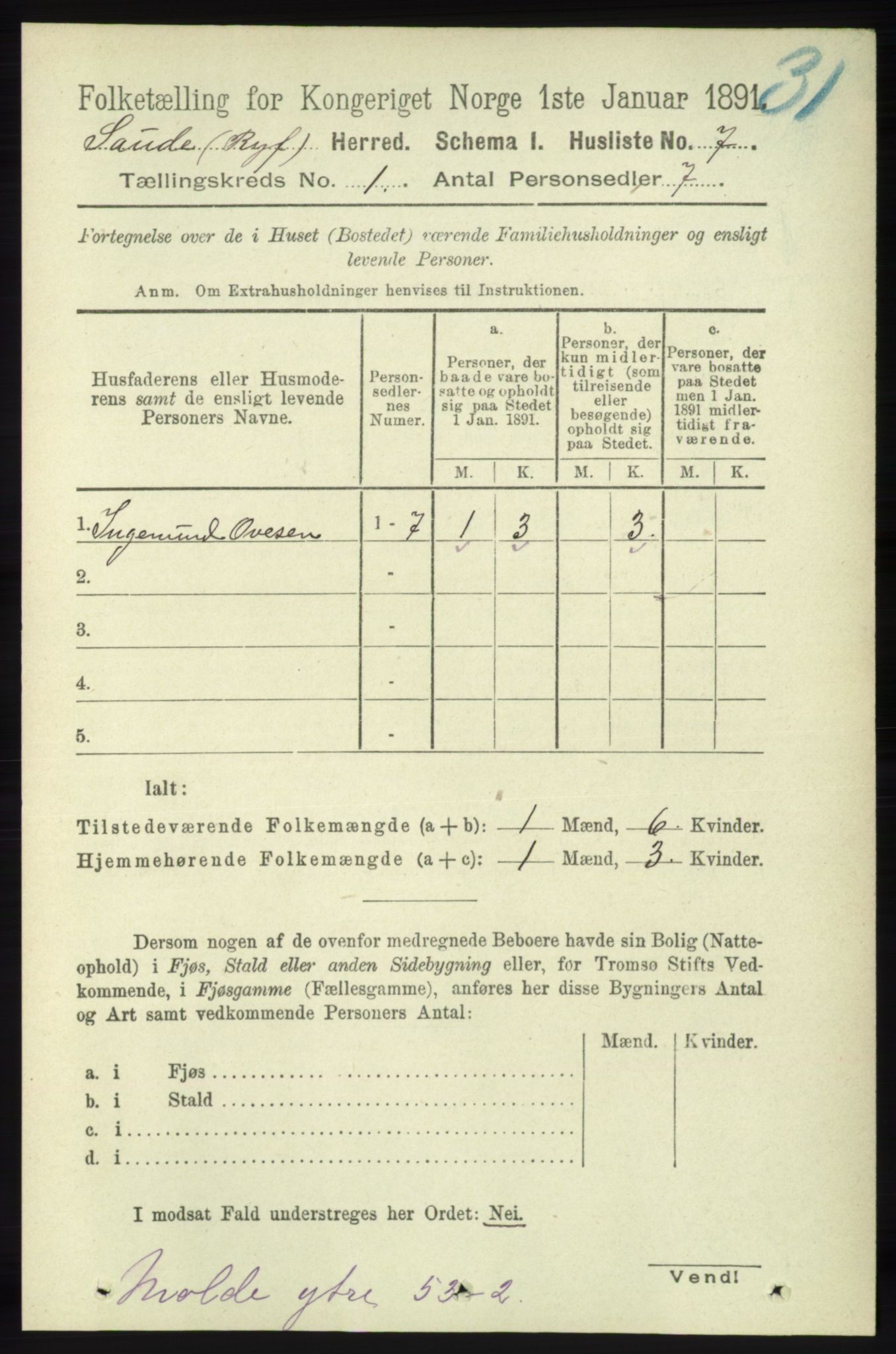 RA, 1891 census for 1135 Sauda, 1891, p. 24