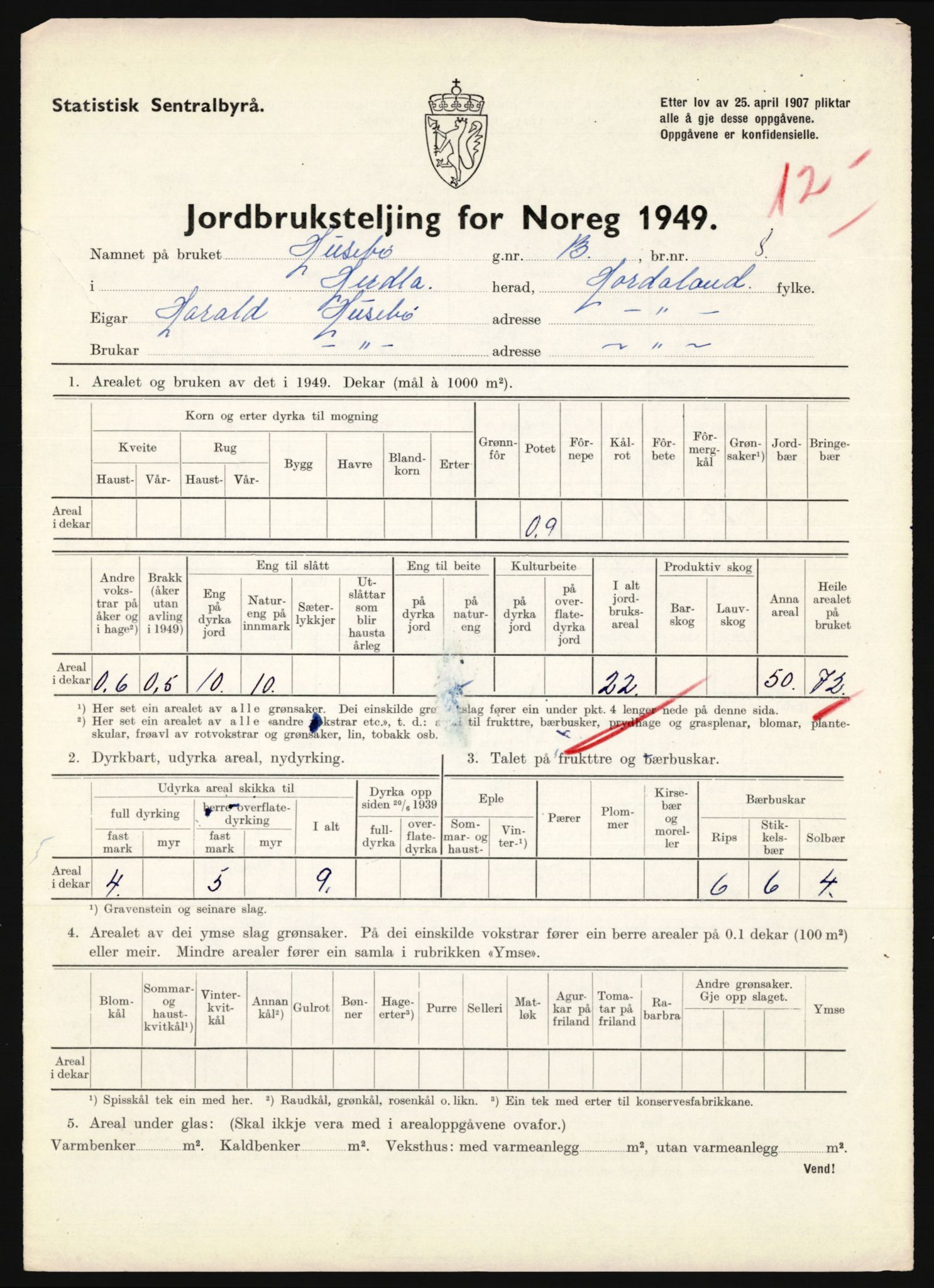 Statistisk sentralbyrå, Næringsøkonomiske emner, Jordbruk, skogbruk, jakt, fiske og fangst, AV/RA-S-2234/G/Gc/L0276: Hordaland: Herdla og Hjelme, 1949, p. 1004