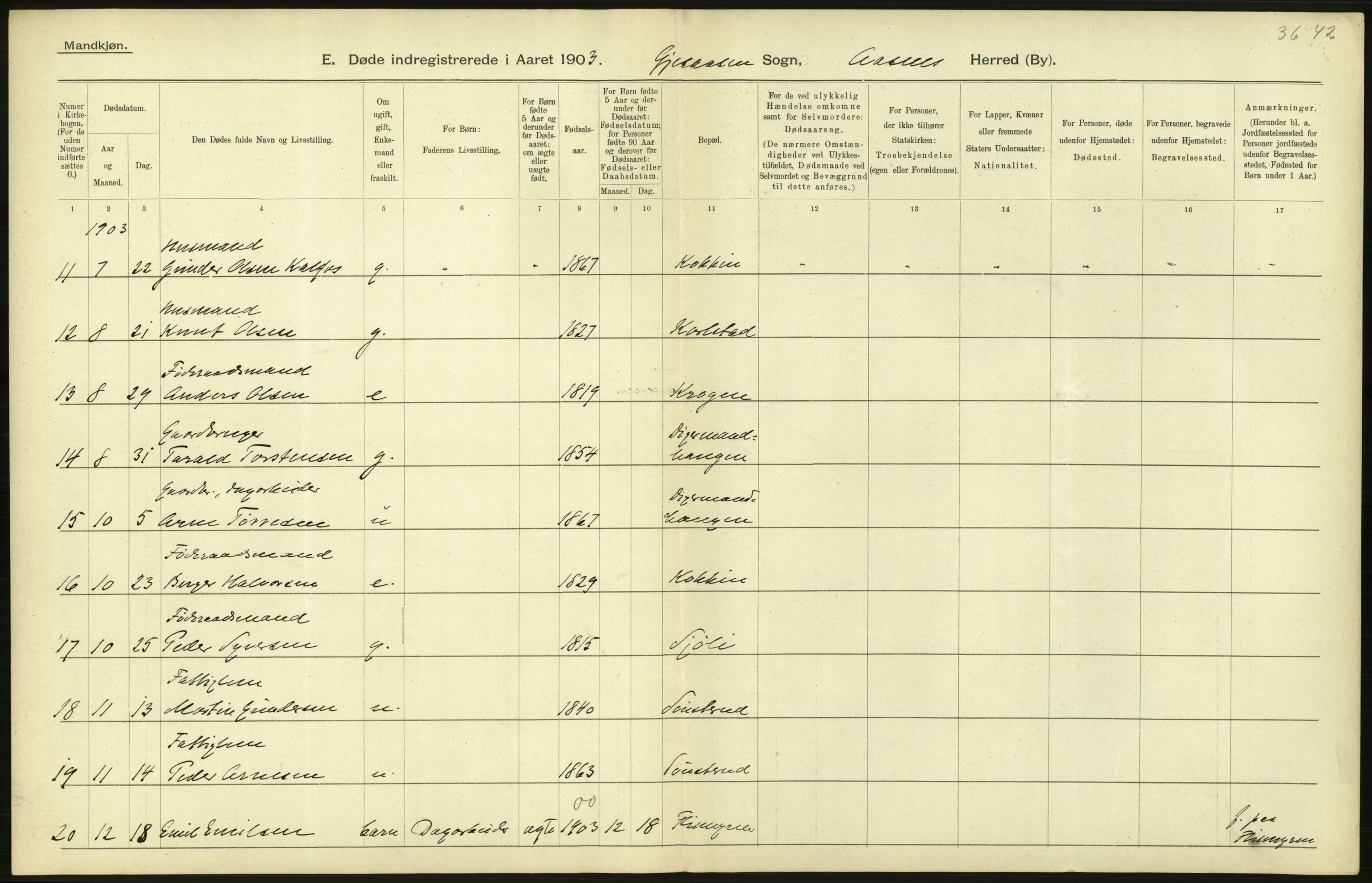 Statistisk sentralbyrå, Sosiodemografiske emner, Befolkning, AV/RA-S-2228/D/Df/Dfa/Dfaa/L0005: Hedemarkens amt: Fødte, gifte, døde, 1903, p. 446