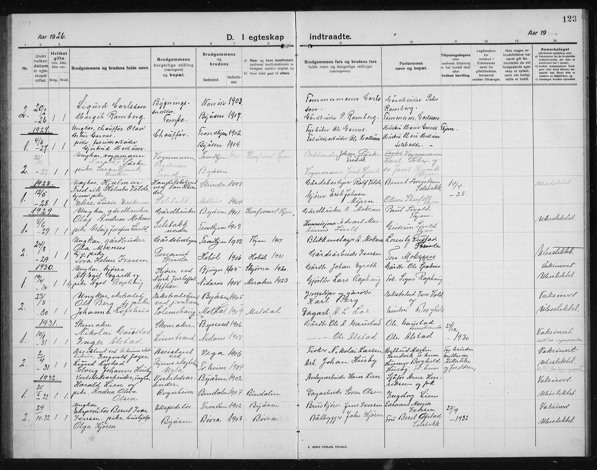 Ministerialprotokoller, klokkerbøker og fødselsregistre - Sør-Trøndelag, SAT/A-1456/611/L0356: Parish register (copy) no. 611C04, 1914-1938, p. 123