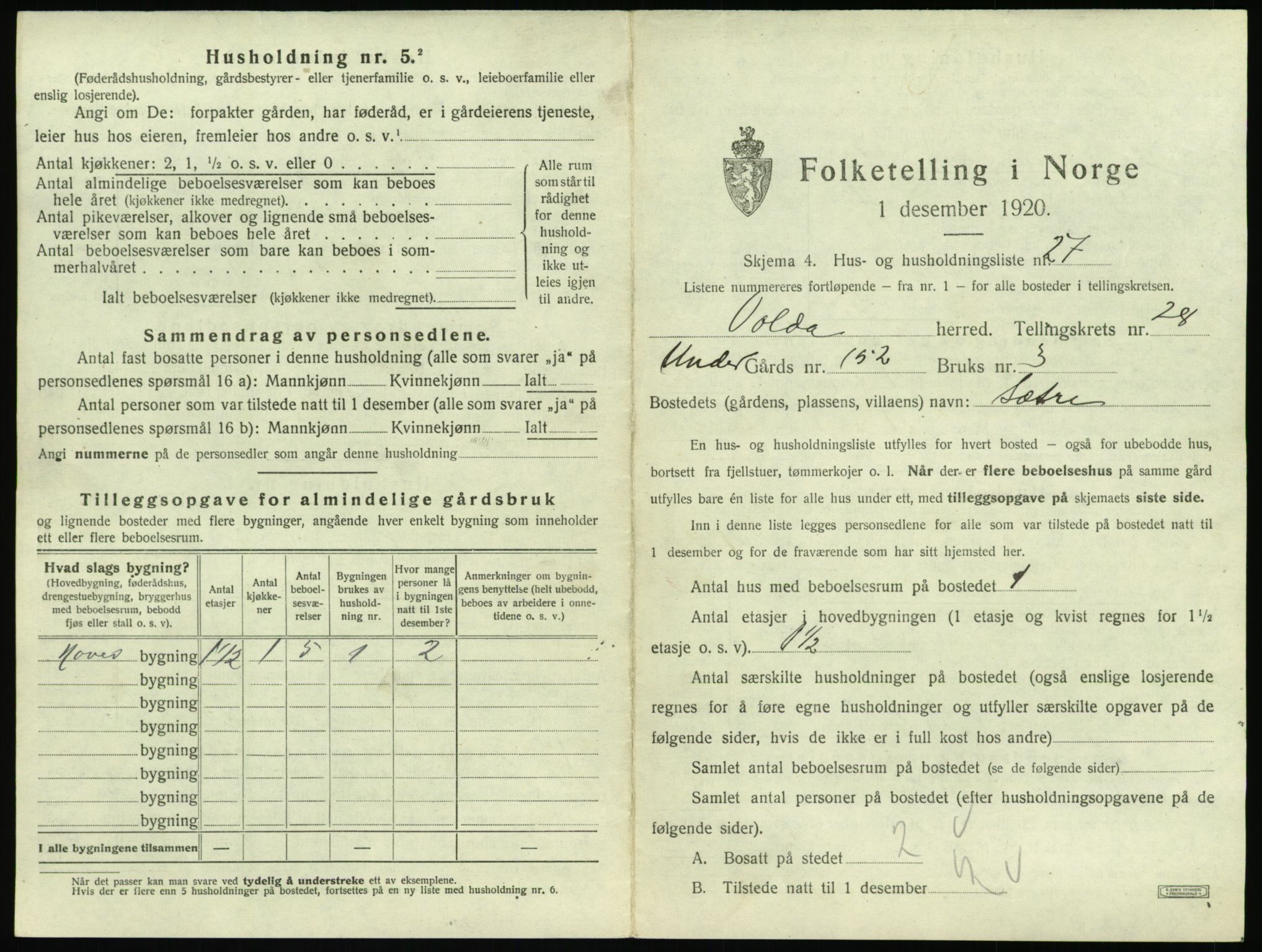 SAT, 1920 census for Volda, 1920, p. 1808