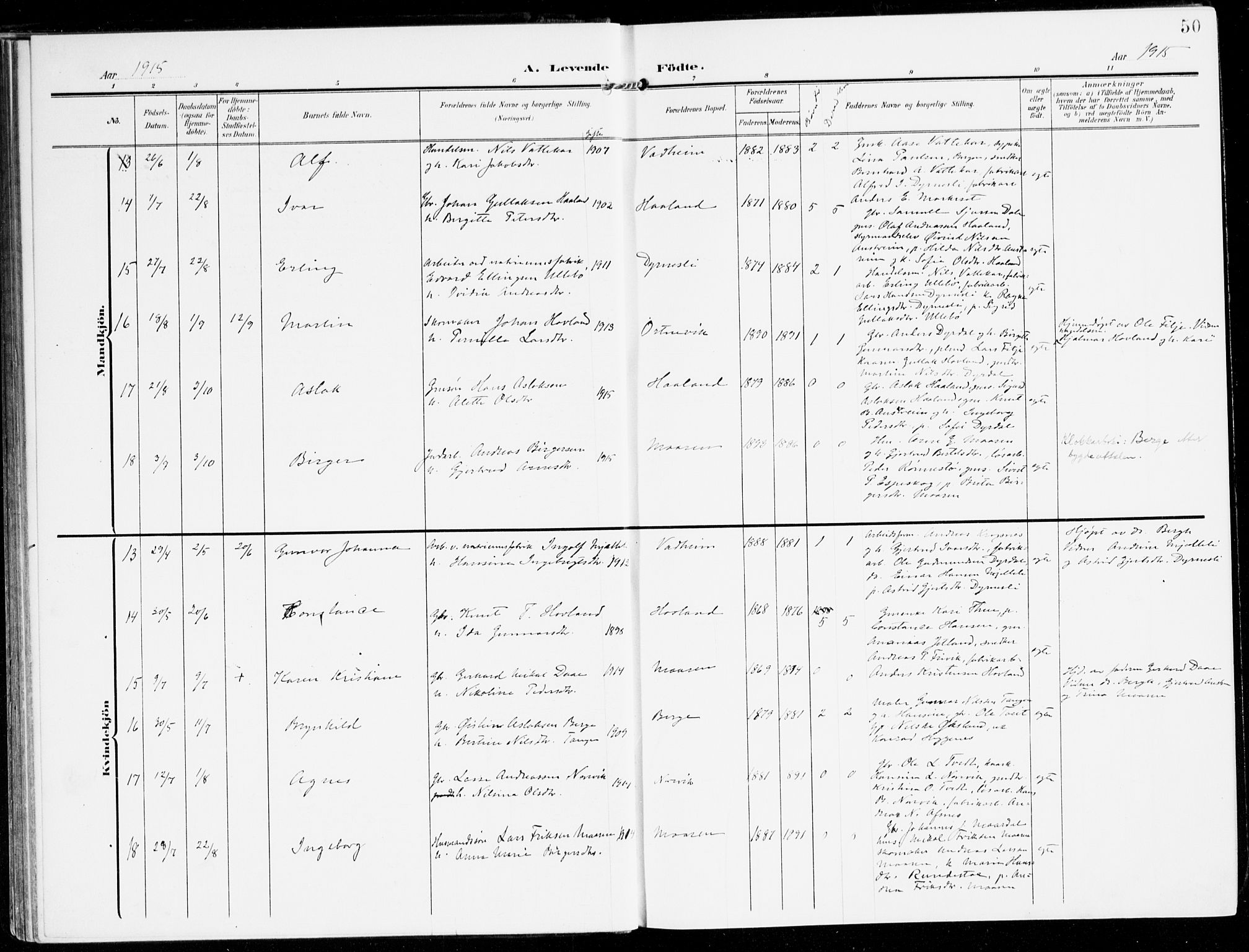 Lavik sokneprestembete, AV/SAB-A-80901: Parish register (official) no. C 2, 1904-1921, p. 50