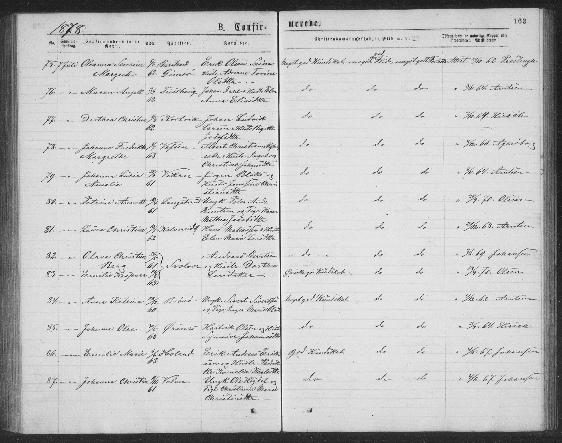 Ministerialprotokoller, klokkerbøker og fødselsregistre - Nordland, AV/SAT-A-1459/874/L1075: Parish register (copy) no. 874C04, 1876-1883, p. 163