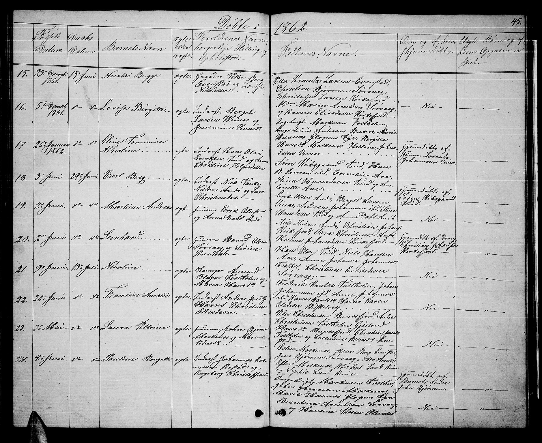 Ministerialprotokoller, klokkerbøker og fødselsregistre - Nordland, AV/SAT-A-1459/886/L1224: Parish register (copy) no. 886C01, 1843-1873, p. 45