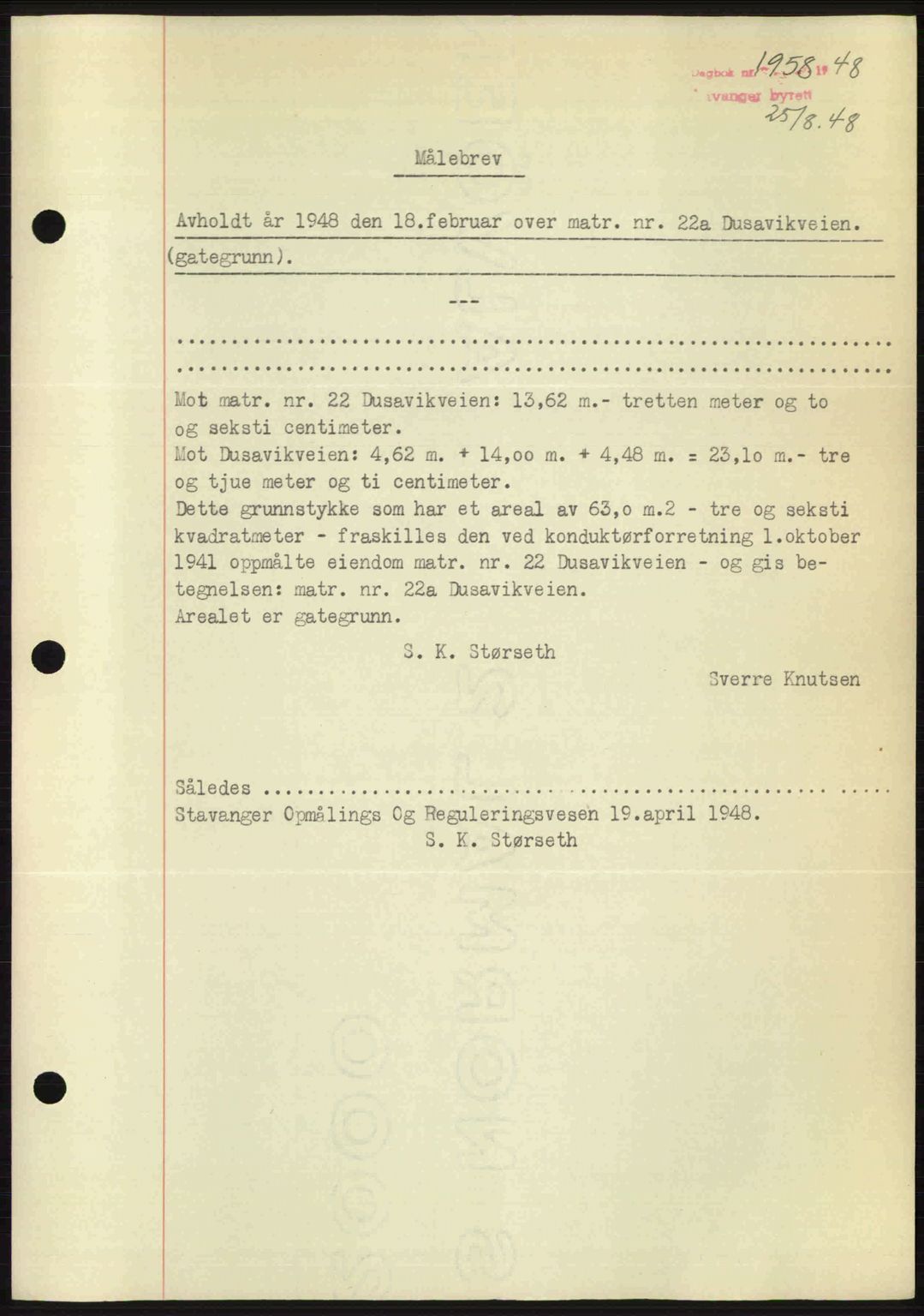Stavanger byrett, SAST/A-100455/002/G/Gb/L0022: Mortgage book no. A11, 1947-1948, Diary no: : 1958/1948