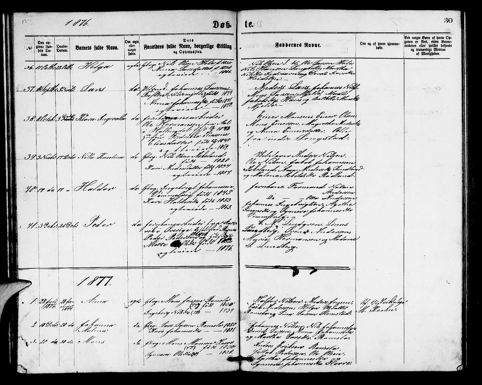 Haus sokneprestembete, SAB/A-75601/H/Hab: Parish register (copy) no. B 1, 1869-1878, p. 30