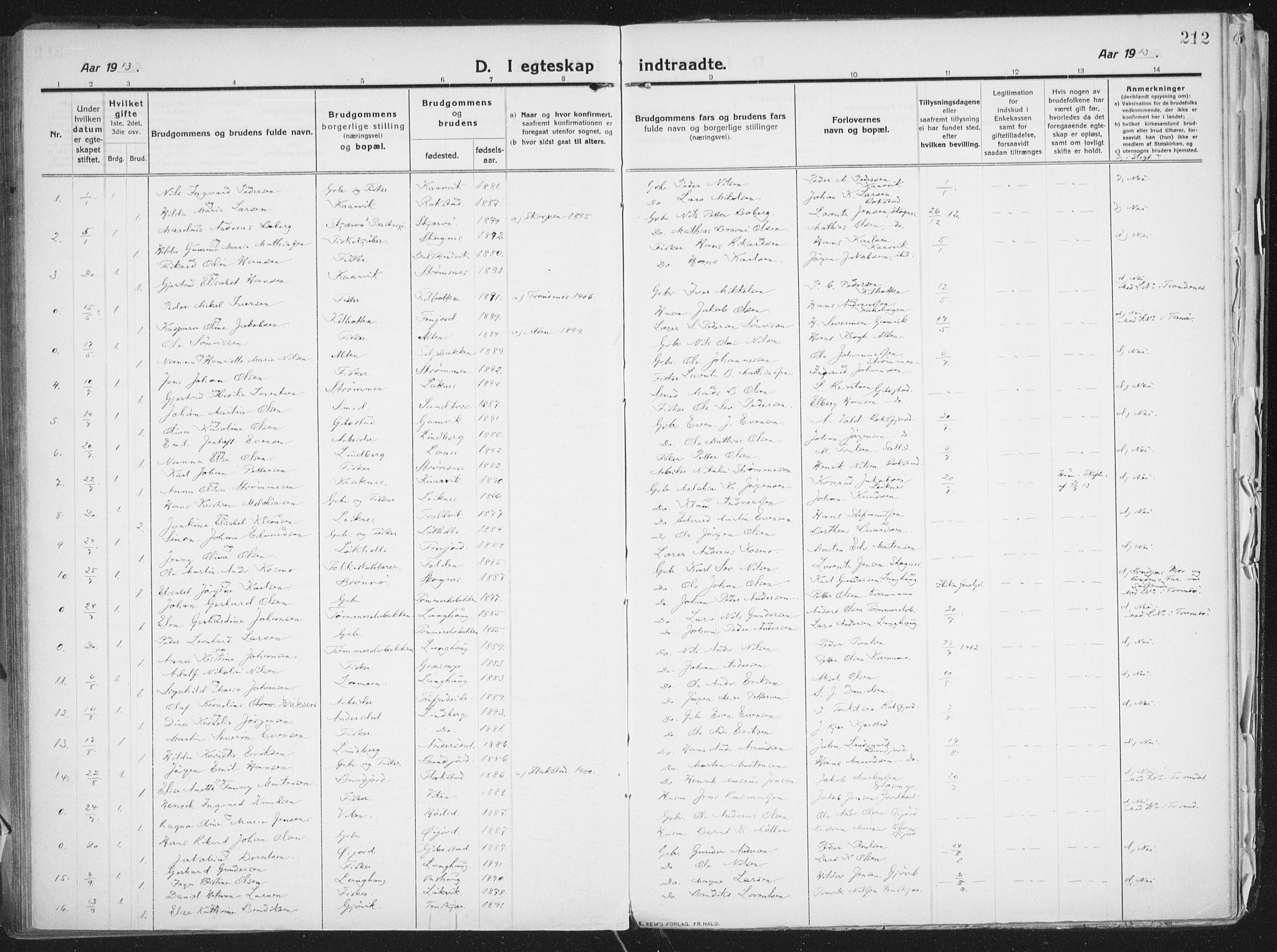 Lenvik sokneprestembete, SATØ/S-1310/H/Ha/Haa/L0016kirke: Parish register (official) no. 16, 1910-1924, p. 212