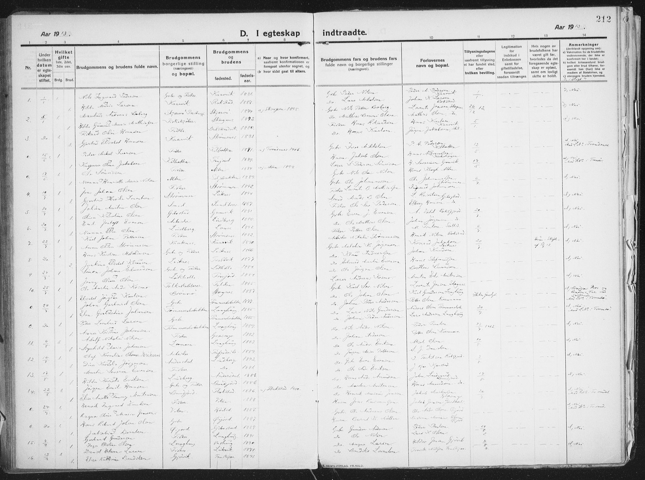 Lenvik sokneprestembete, AV/SATØ-S-1310/H/Ha/Haa/L0016kirke: Parish register (official) no. 16, 1910-1924, p. 212
