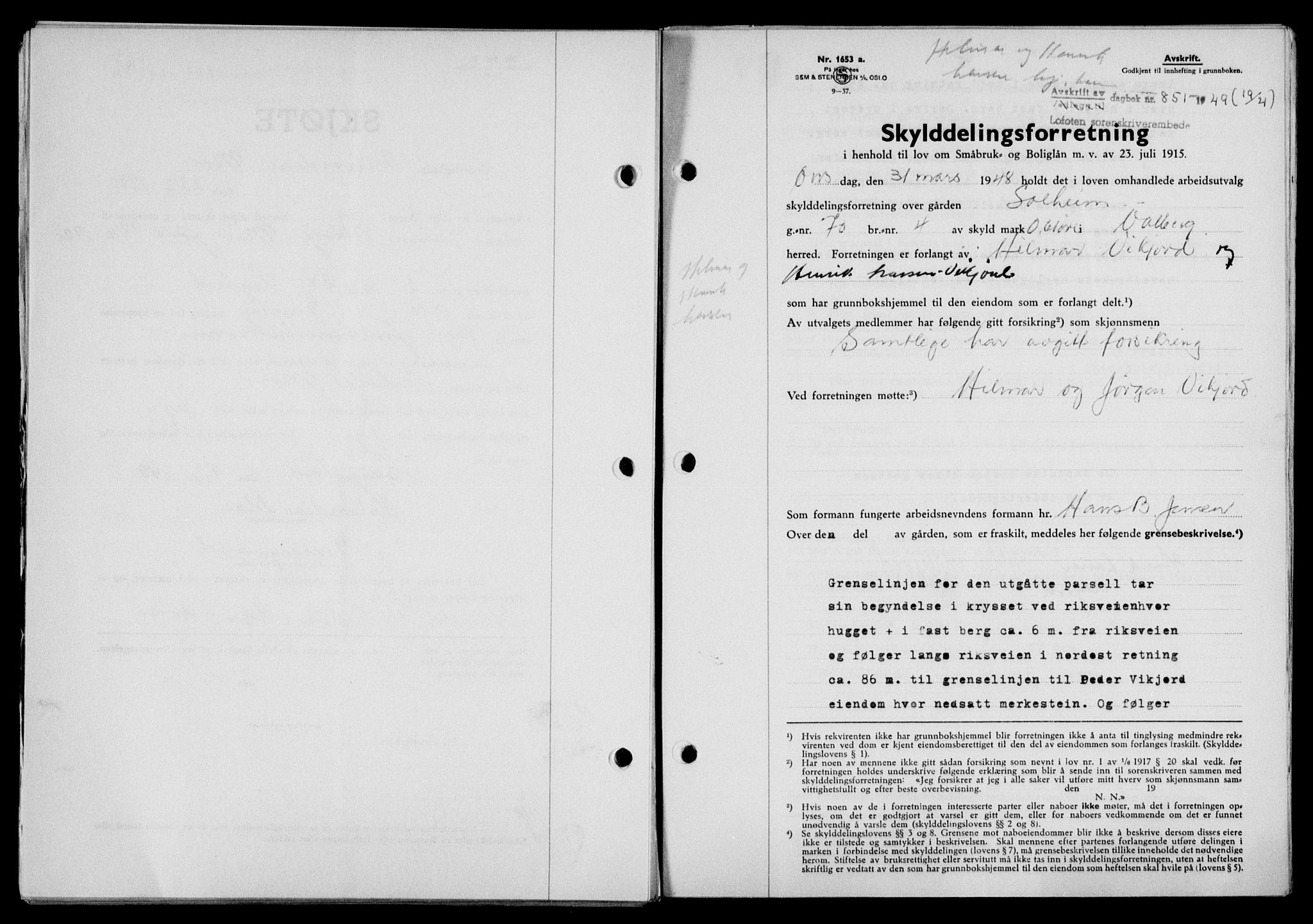 Lofoten sorenskriveri, SAT/A-0017/1/2/2C/L0020a: Mortgage book no. 20a, 1948-1949, Diary no: : 851/1949