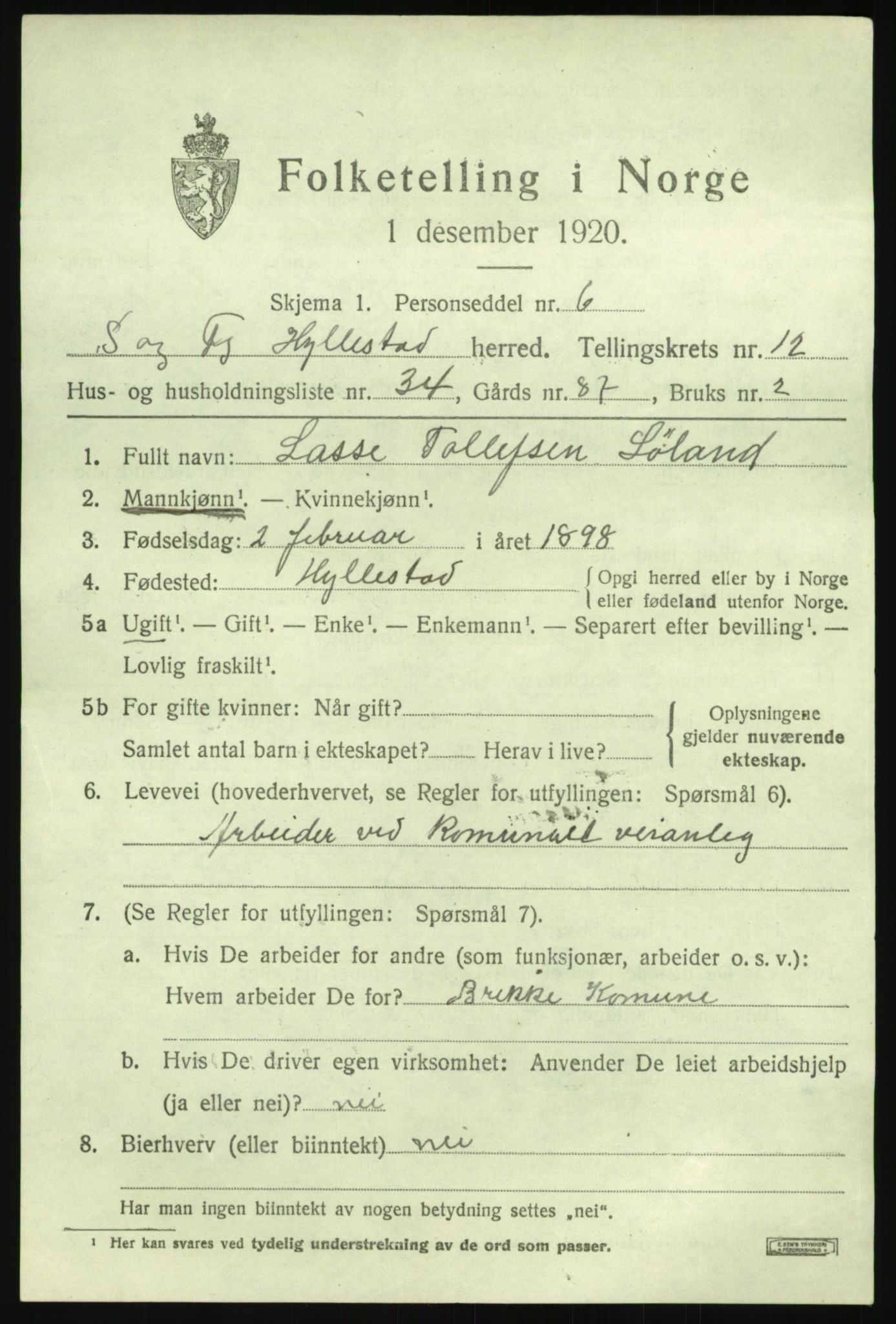 SAB, 1920 census for Hyllestad, 1920, p. 4838