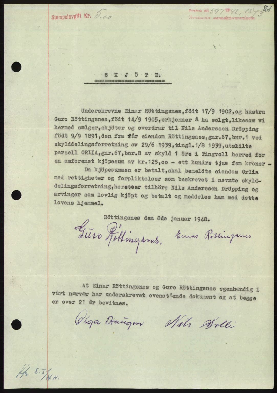 Nordmøre sorenskriveri, AV/SAT-A-4132/1/2/2Ca: Mortgage book no. A107, 1947-1948, Diary no: : 597/1948