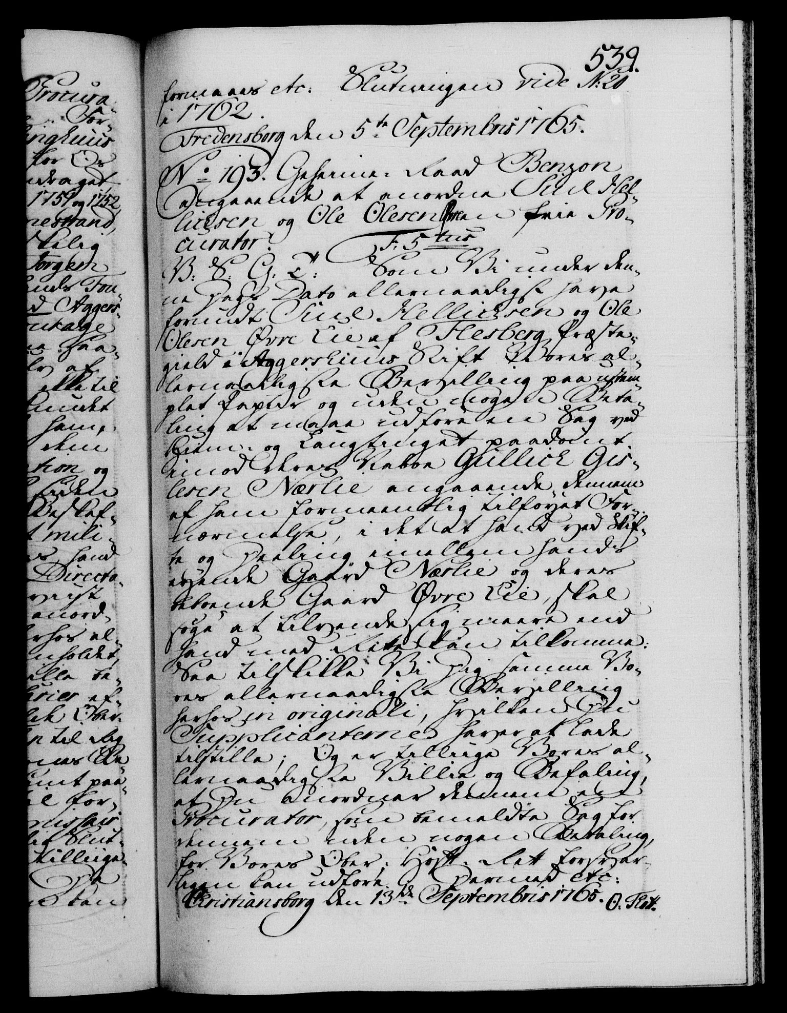 Danske Kanselli 1572-1799, AV/RA-EA-3023/F/Fc/Fca/Fcab/L0037: Norske tegnelser, 1762-1766, p. 539a