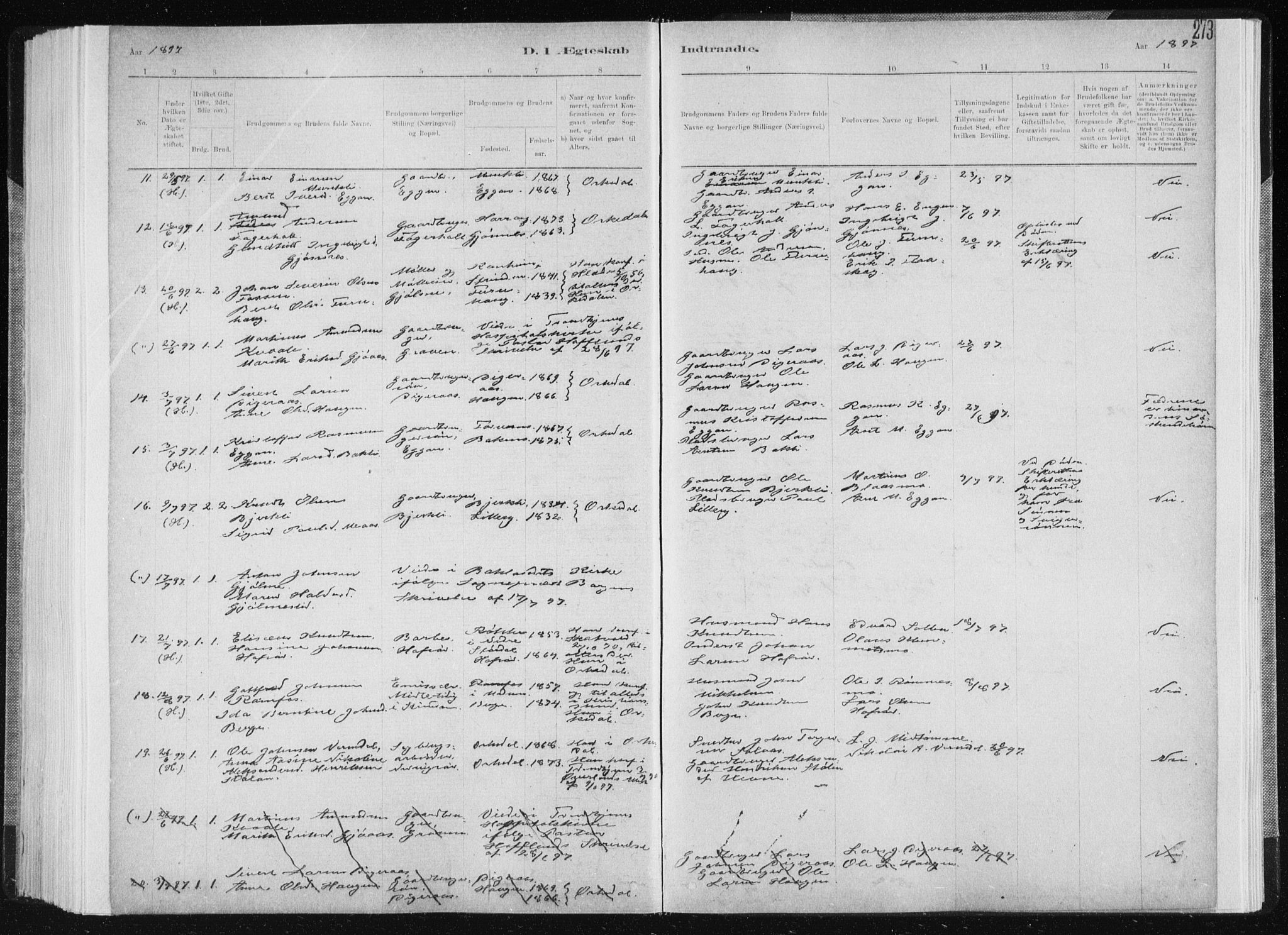 Ministerialprotokoller, klokkerbøker og fødselsregistre - Sør-Trøndelag, SAT/A-1456/668/L0818: Parish register (copy) no. 668C07, 1885-1898, p. 273