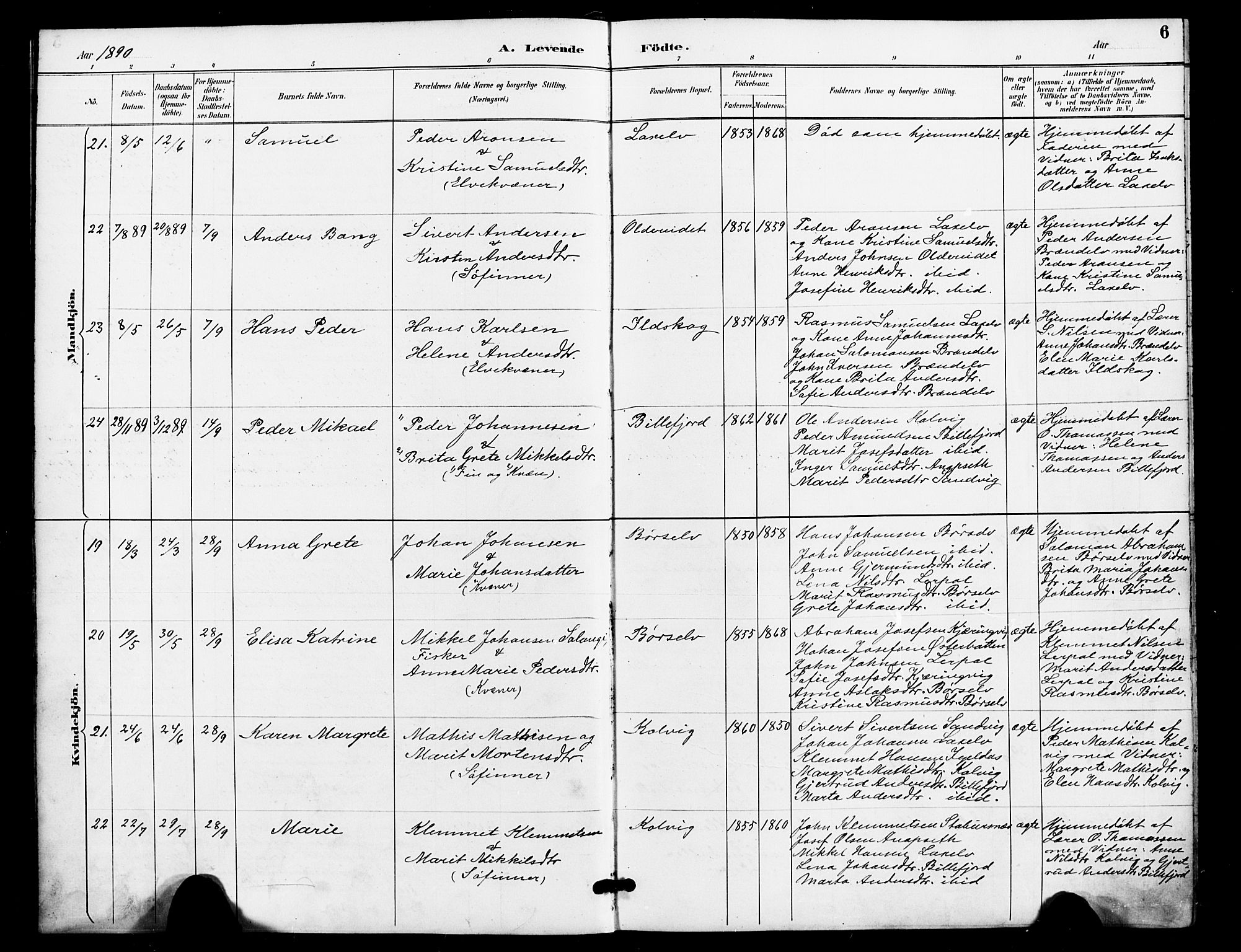 Kistrand/Porsanger sokneprestembete, AV/SATØ-S-1351/H/Ha/L0008.kirke: Parish register (official) no. 8, 1890-1898, p. 6