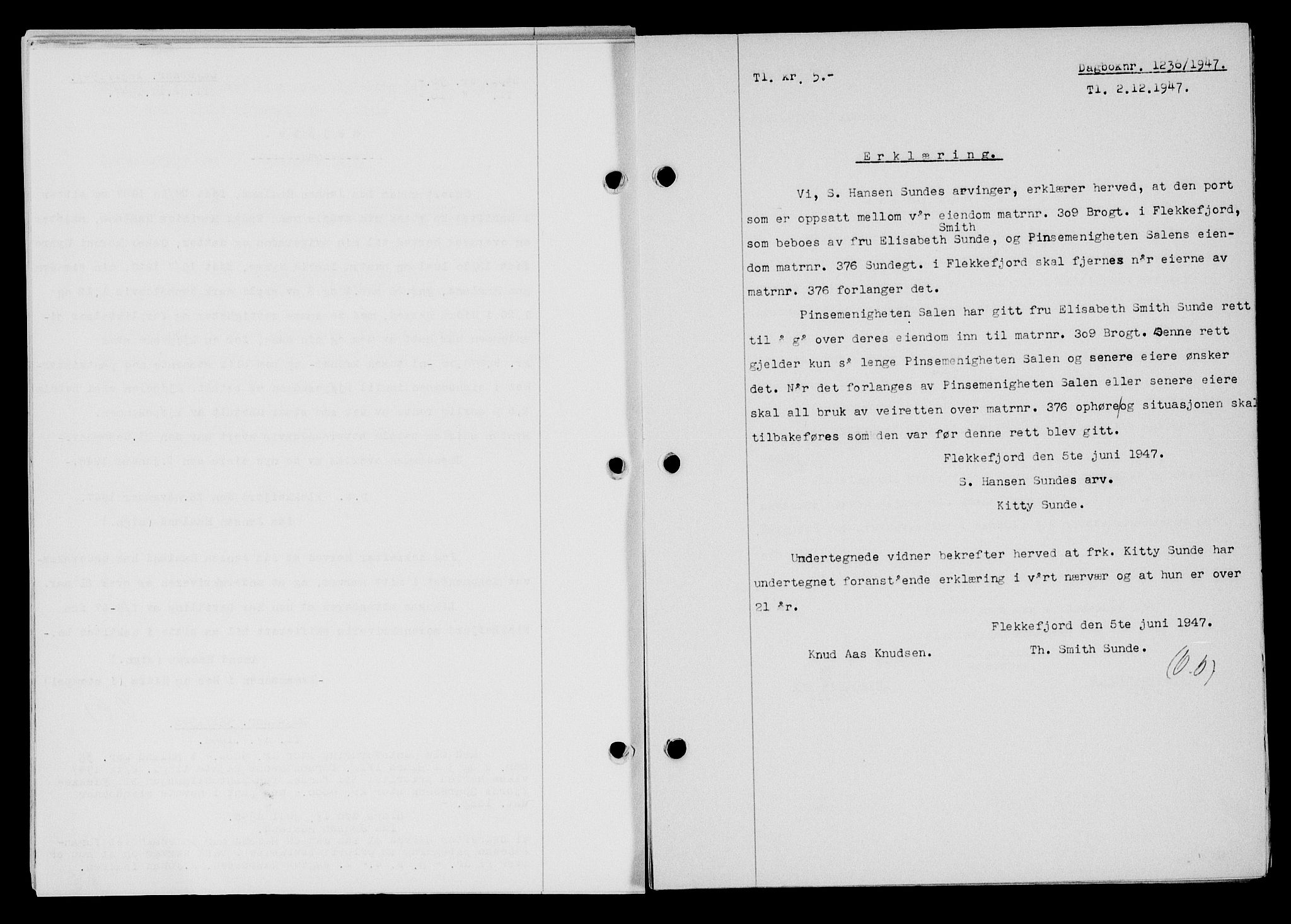 Flekkefjord sorenskriveri, SAK/1221-0001/G/Gb/Gba/L0063: Mortgage book no. A-11, 1947-1948, Diary no: : 1236/1947