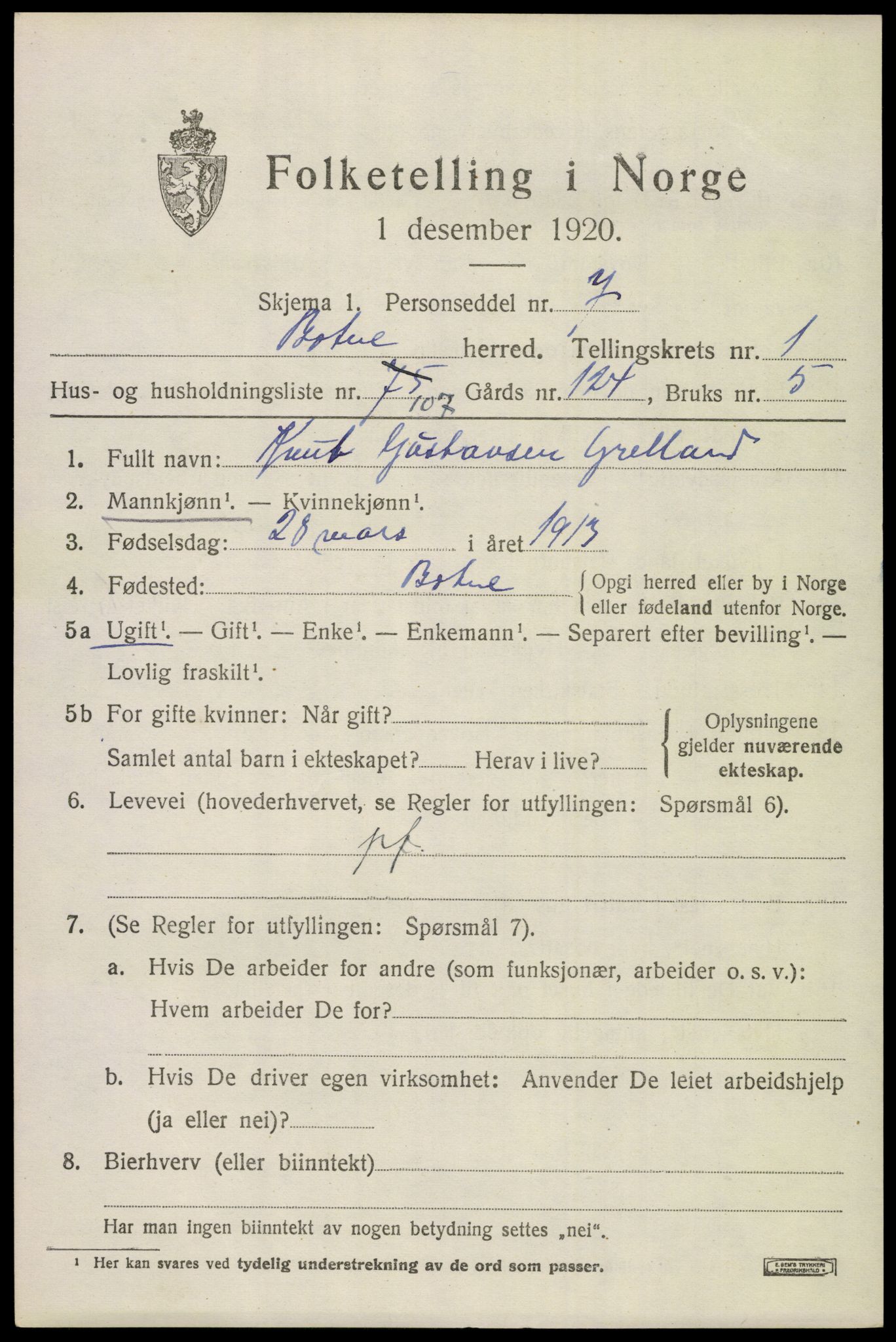 SAKO, 1920 census for Botne, 1920, p. 2113