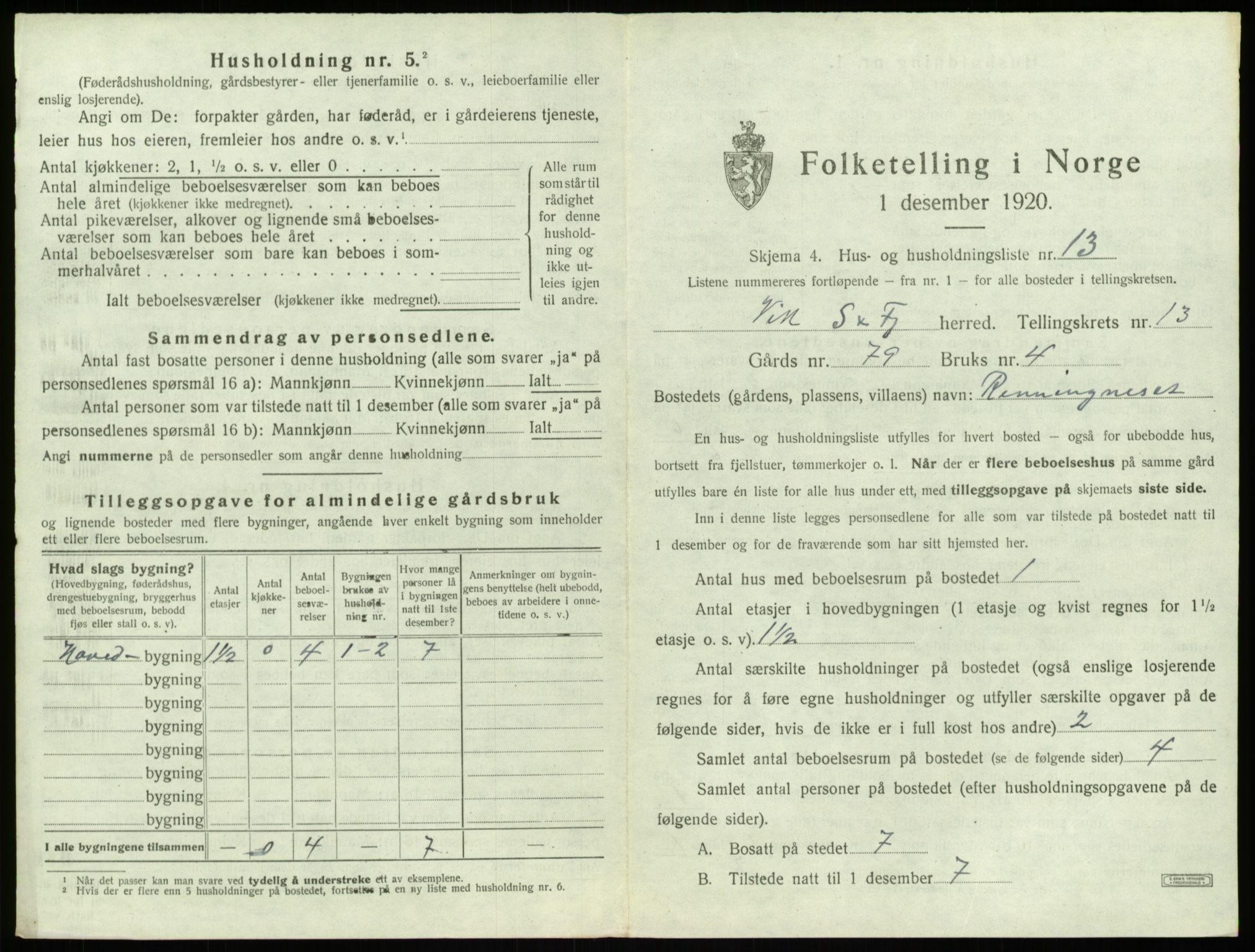 SAB, 1920 census for Vik, 1920, p. 1166