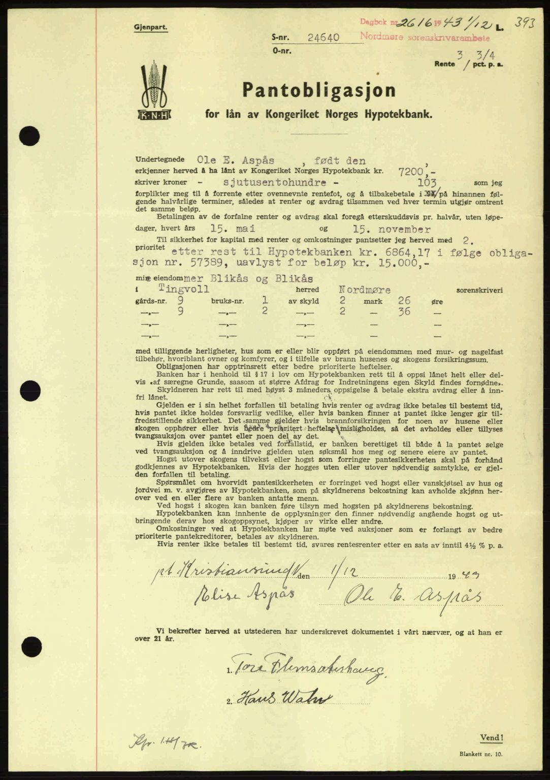 Nordmøre sorenskriveri, AV/SAT-A-4132/1/2/2Ca: Mortgage book no. B91, 1943-1944, Diary no: : 2616/1943