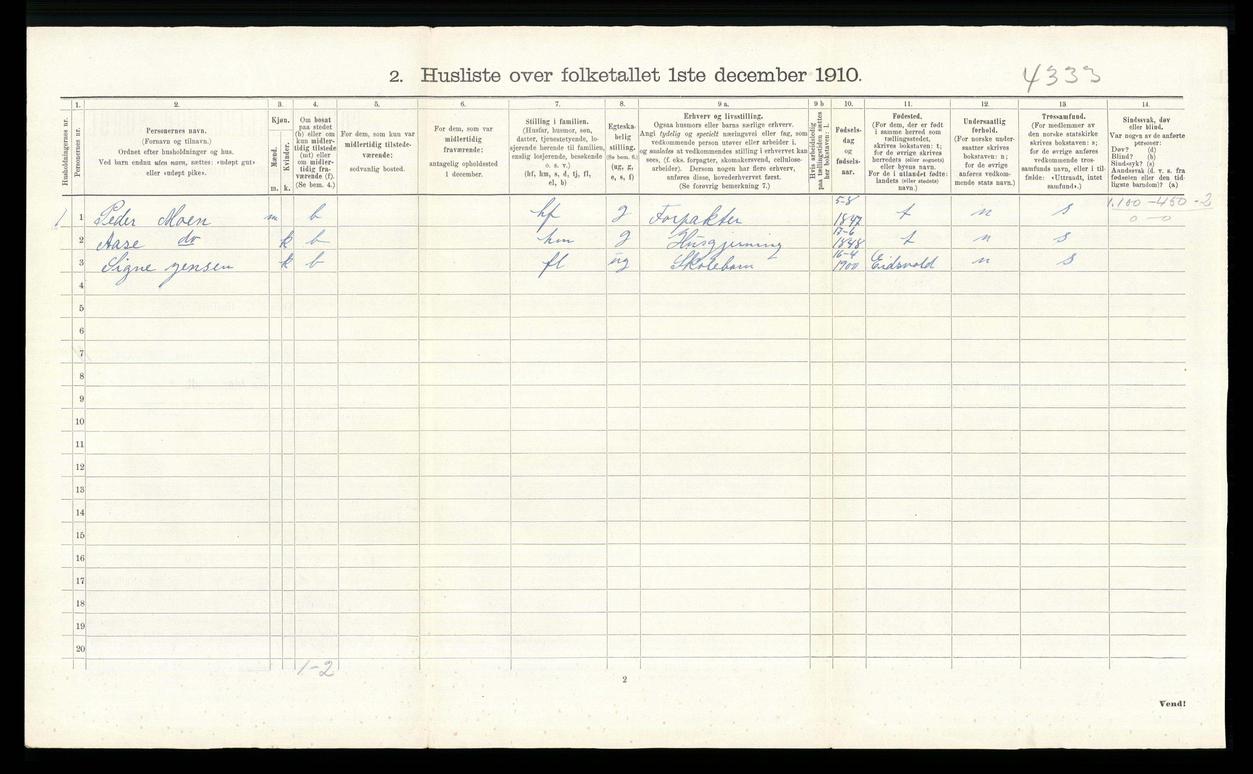 RA, 1910 census for Ringebu, 1910, p. 1619