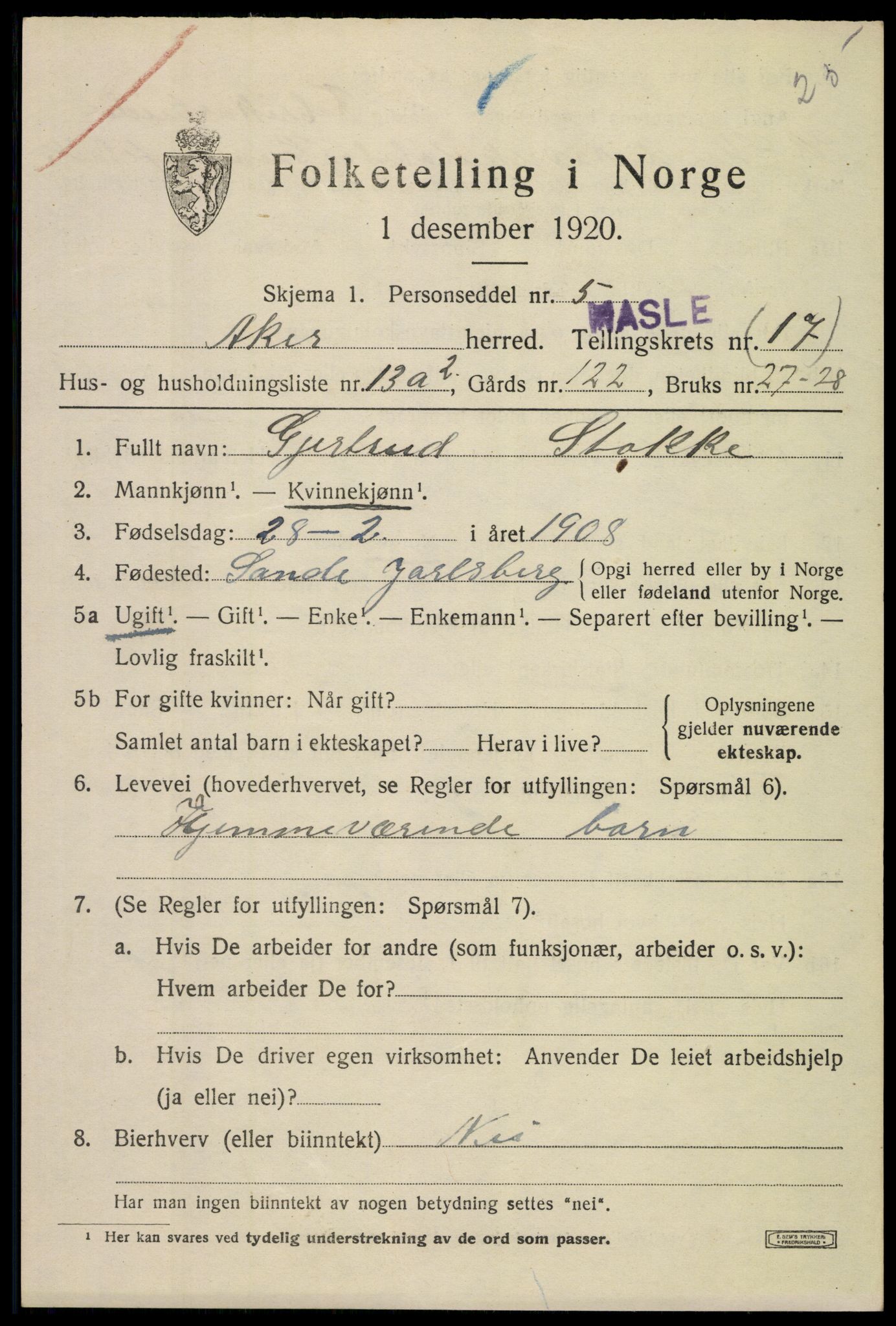 SAO, 1920 census for Aker, 1920, p. 106318