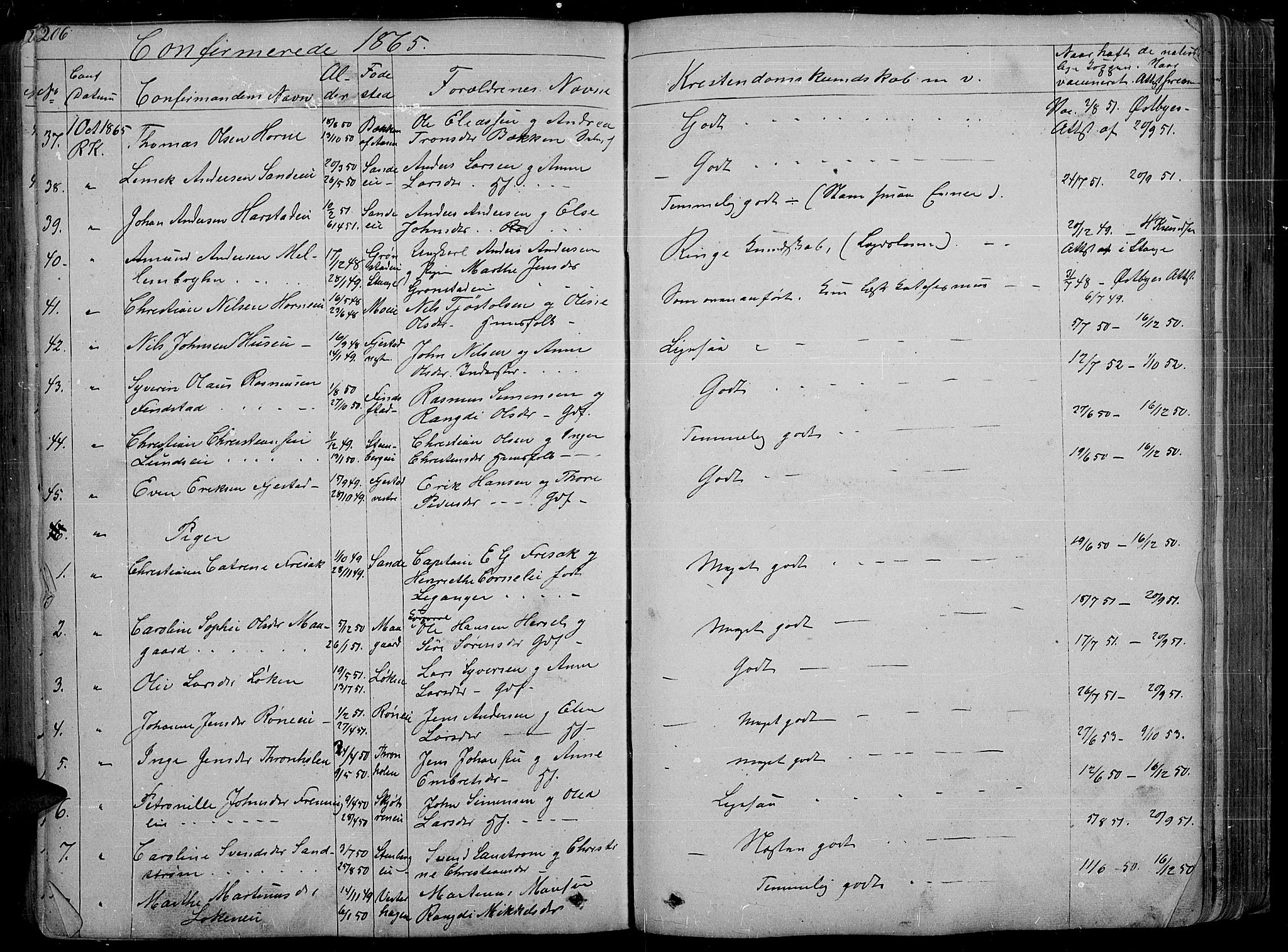 Romedal prestekontor, AV/SAH-PREST-004/L/L0009: Parish register (copy) no. 9, 1846-1866, p. 206