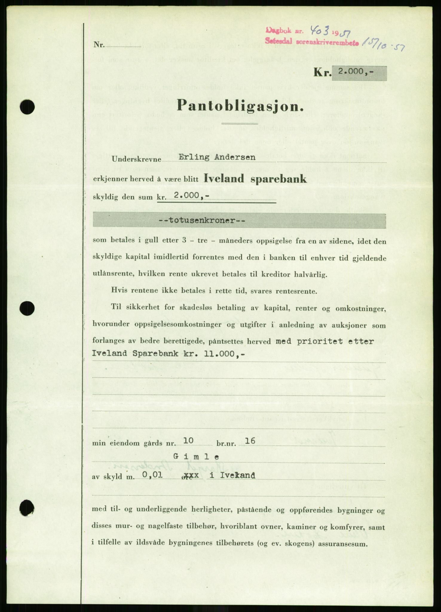 Setesdal sorenskriveri, AV/SAK-1221-0011/G/Gb/L0050: Mortgage book no. B 38, 1949-1952, Diary no: : 403/1951