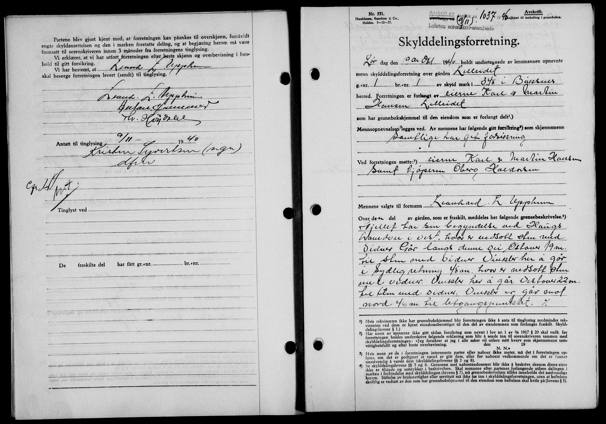 Lofoten sorenskriveri, SAT/A-0017/1/2/2C/L0008a: Mortgage book no. 8a, 1940-1941, Diary no: : 1037/1940