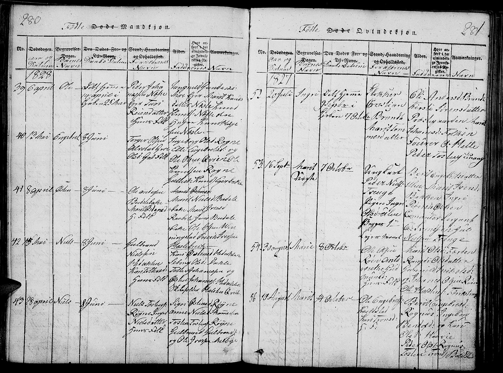 Slidre prestekontor, AV/SAH-PREST-134/H/Ha/Haa/L0002: Parish register (official) no. 2, 1814-1830, p. 280-281