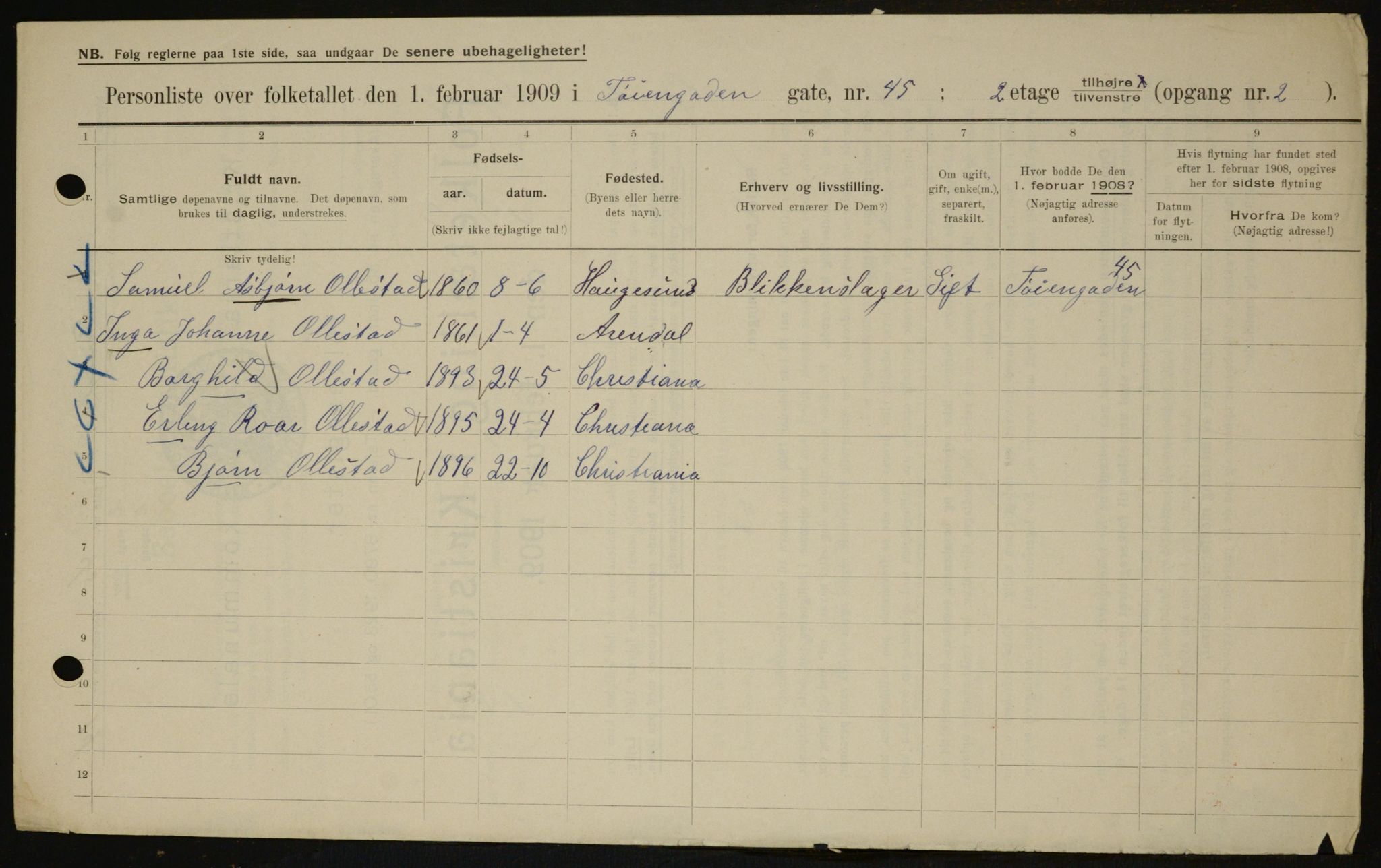 OBA, Municipal Census 1909 for Kristiania, 1909, p. 107593