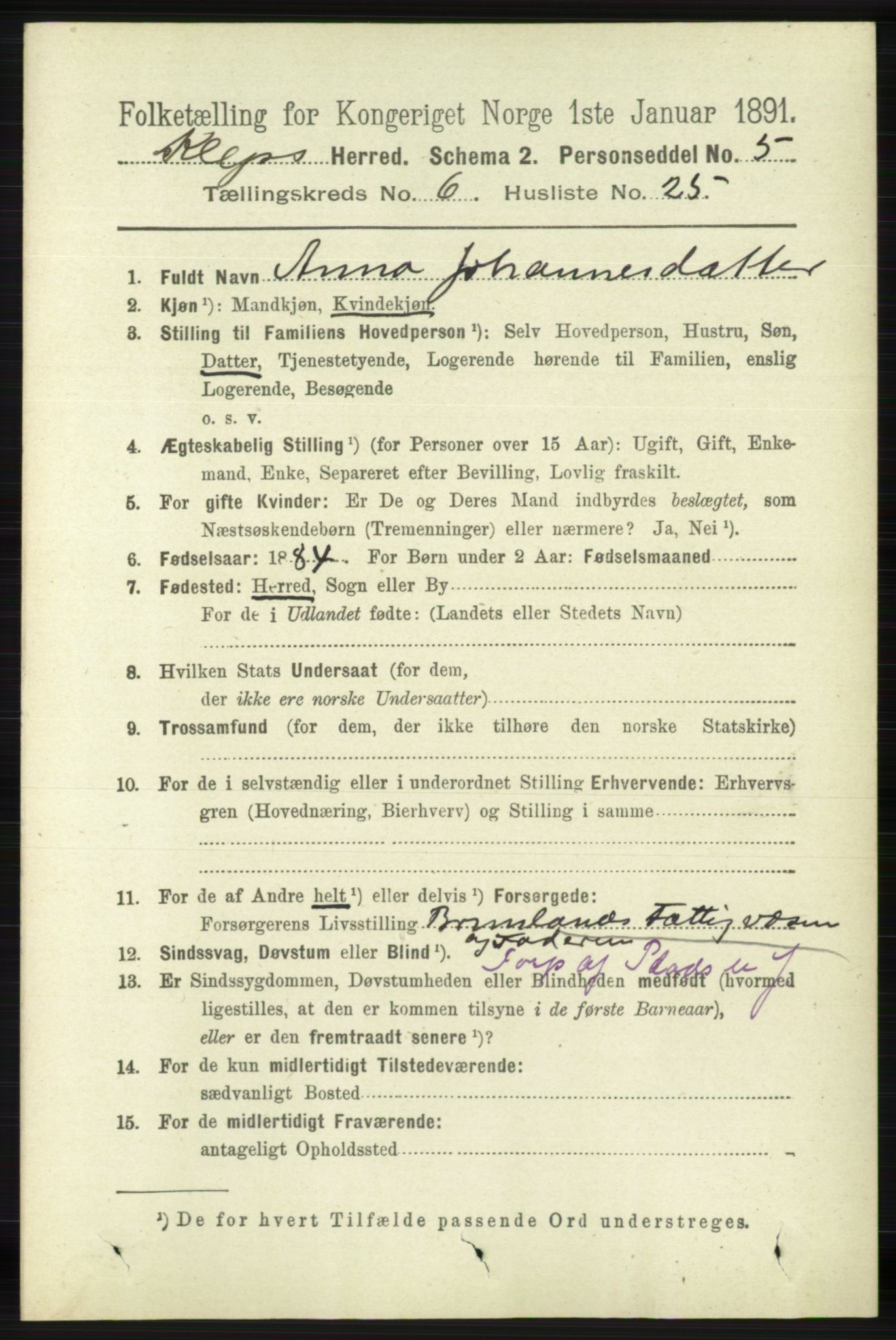 RA, 1891 census for 1120 Klepp, 1891, p. 1814