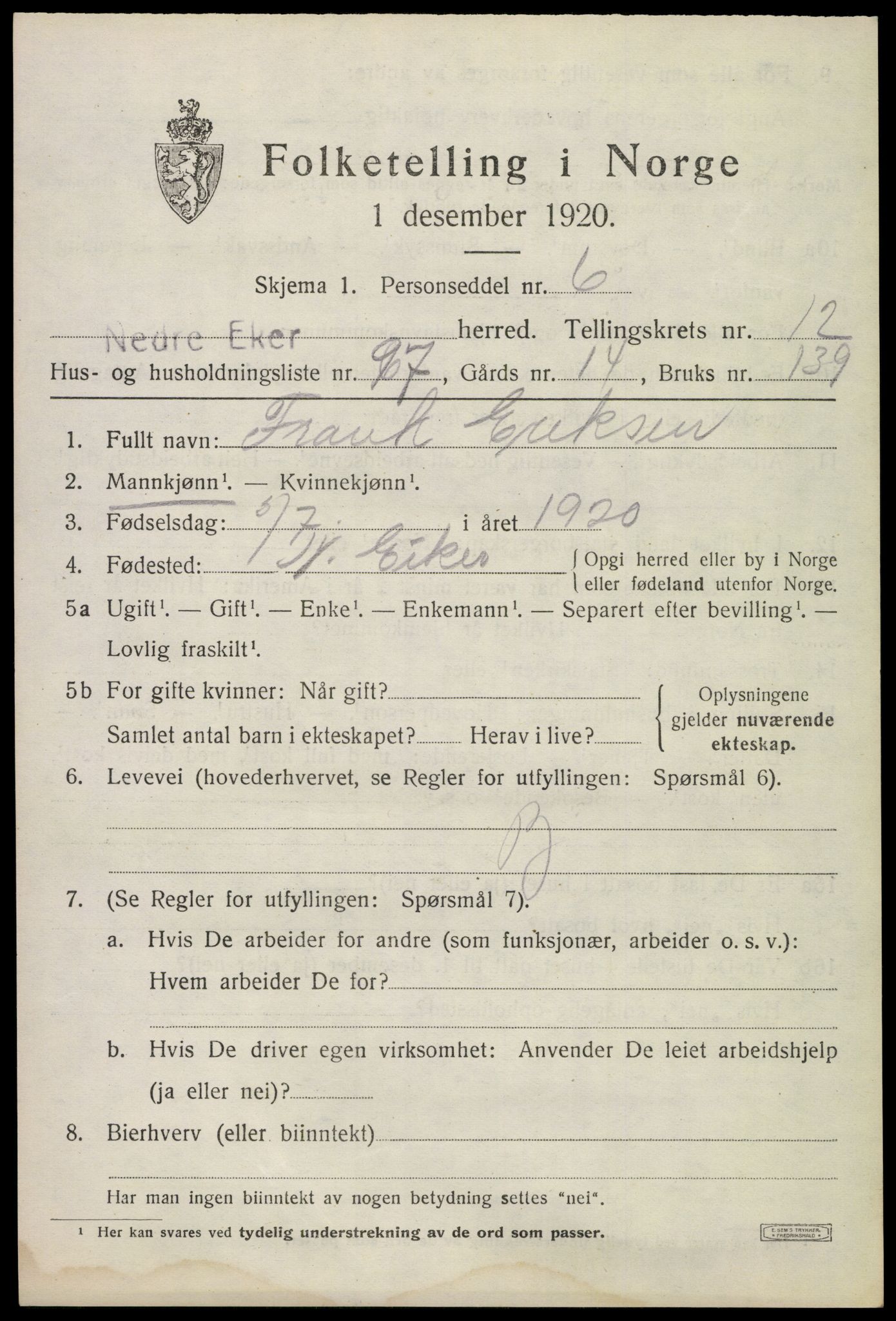 SAKO, 1920 census for Nedre Eiker, 1920, p. 14357