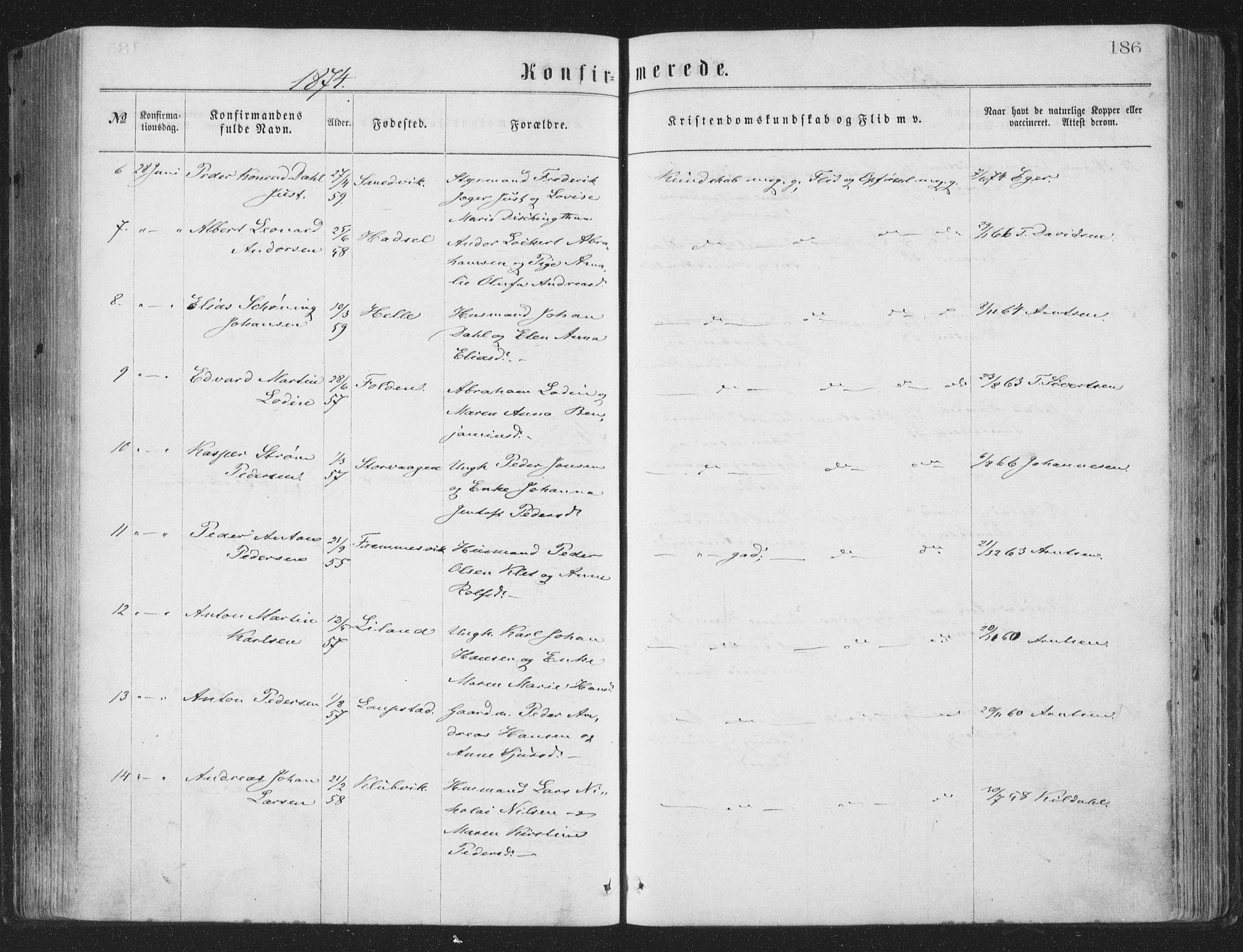 Ministerialprotokoller, klokkerbøker og fødselsregistre - Nordland, AV/SAT-A-1459/874/L1057: Parish register (official) no. 874A01, 1866-1877, p. 186