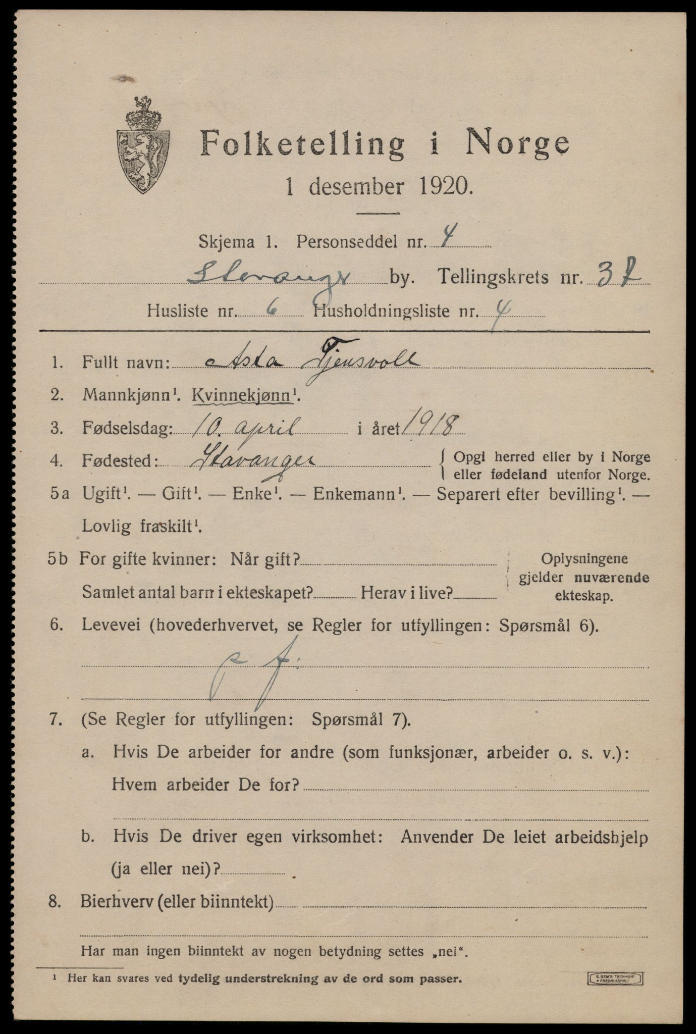 SAST, 1920 census for Stavanger, 1920, p. 97366