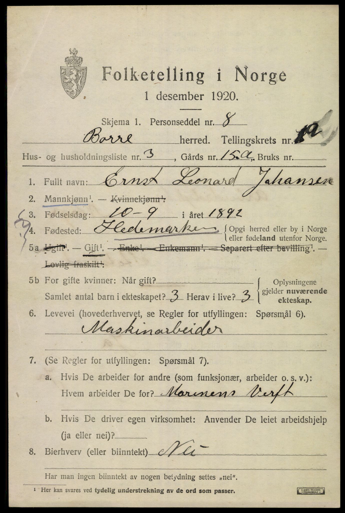 SAKO, 1920 census for Borre, 1920, p. 1422
