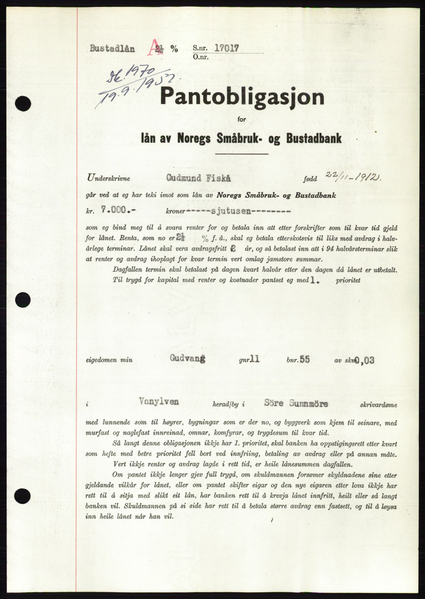 Søre Sunnmøre sorenskriveri, AV/SAT-A-4122/1/2/2C/L0122: Mortgage book no. 10B, 1952-1953, Diary no: : 1970/1952
