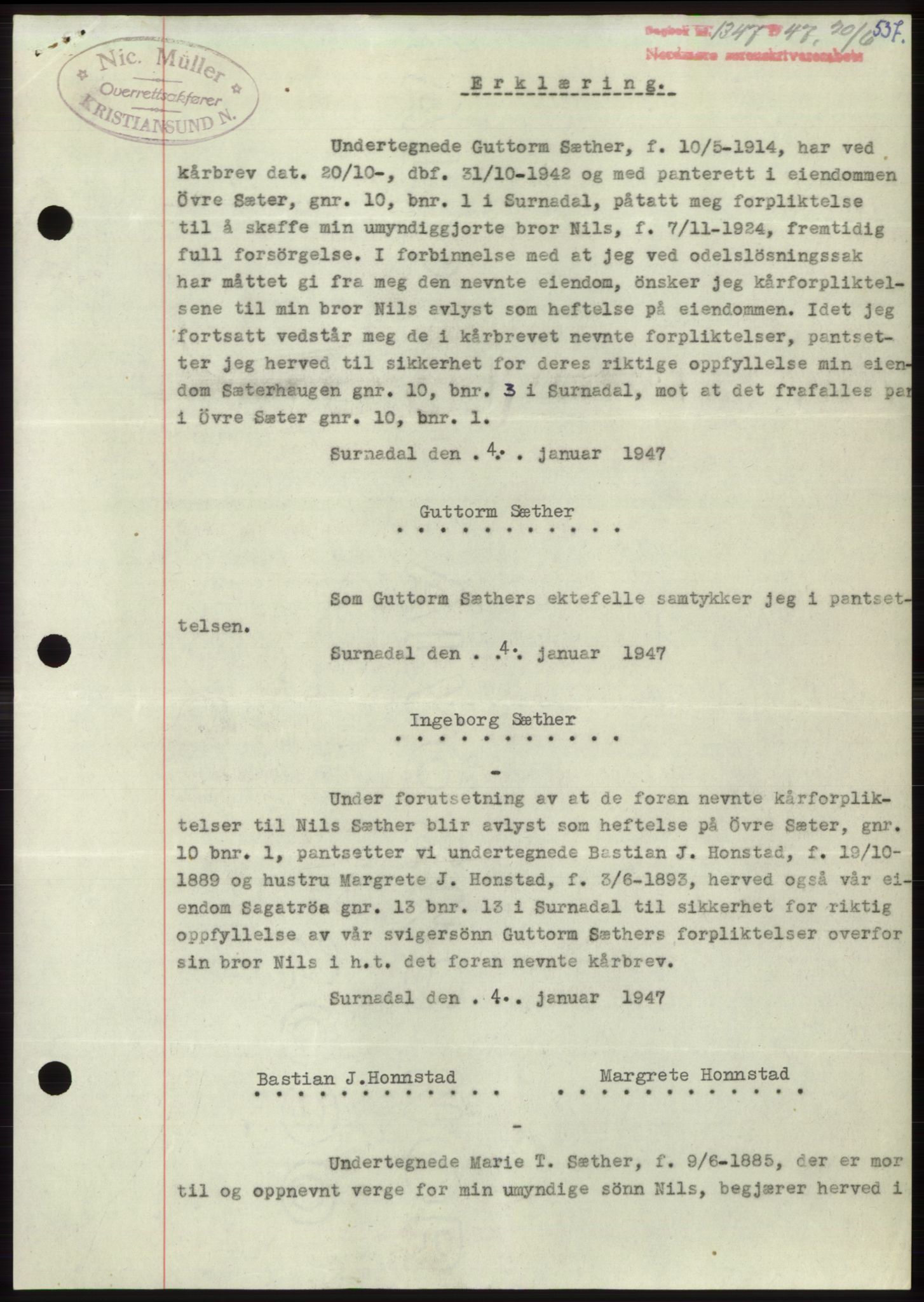 Nordmøre sorenskriveri, AV/SAT-A-4132/1/2/2Ca: Mortgage book no. B96, 1947-1947, Diary no: : 1347/1947