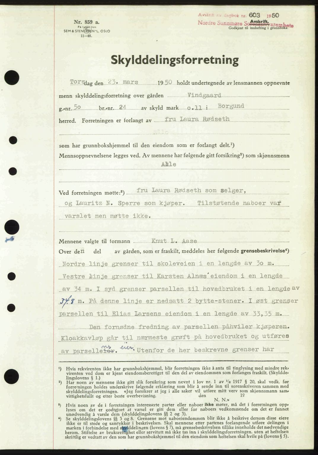 Nordre Sunnmøre sorenskriveri, AV/SAT-A-0006/1/2/2C/2Ca: Mortgage book no. A34, 1950-1950, Diary no: : 603/1950