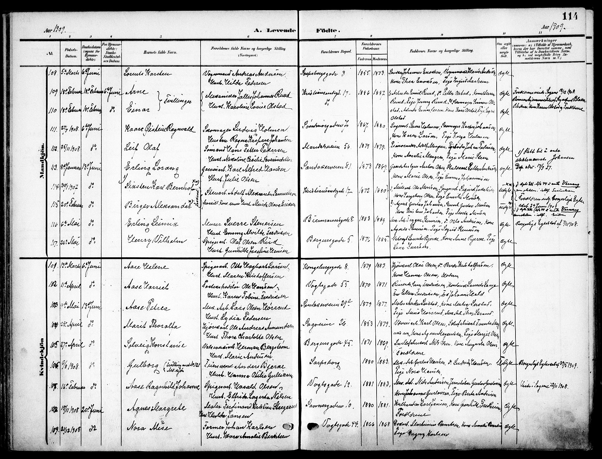 Sagene prestekontor Kirkebøker, SAO/A-10796/F/L0007: Parish register (official) no. 7, 1905-1915, p. 114