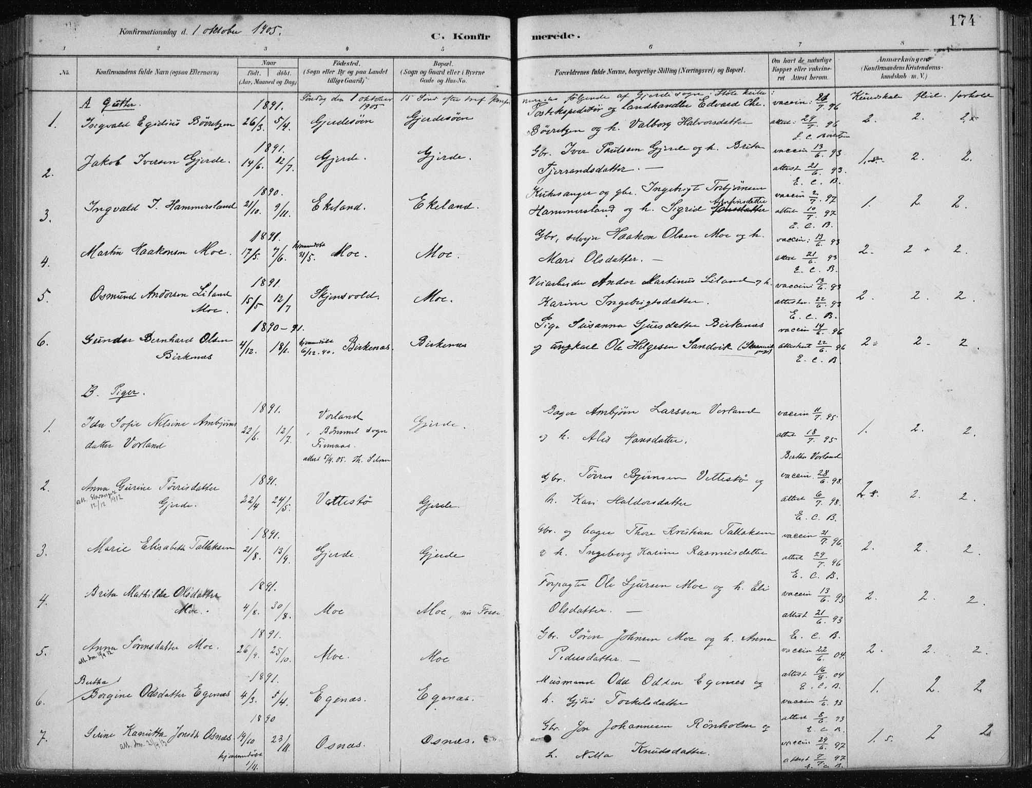 Etne sokneprestembete, SAB/A-75001/H/Haa: Parish register (official) no. C  1, 1879-1919, p. 174