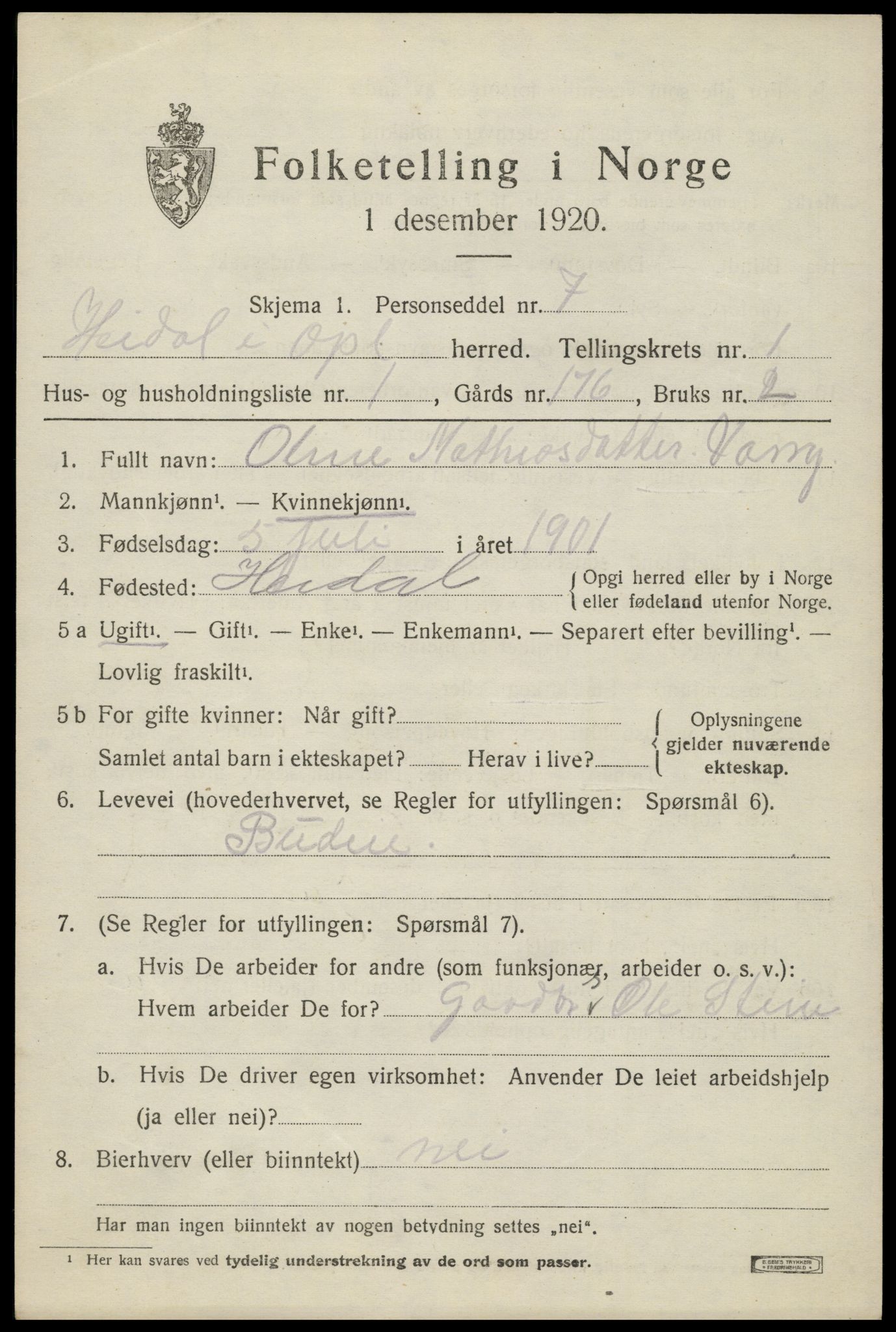 SAH, 1920 census for Heidal, 1920, p. 508