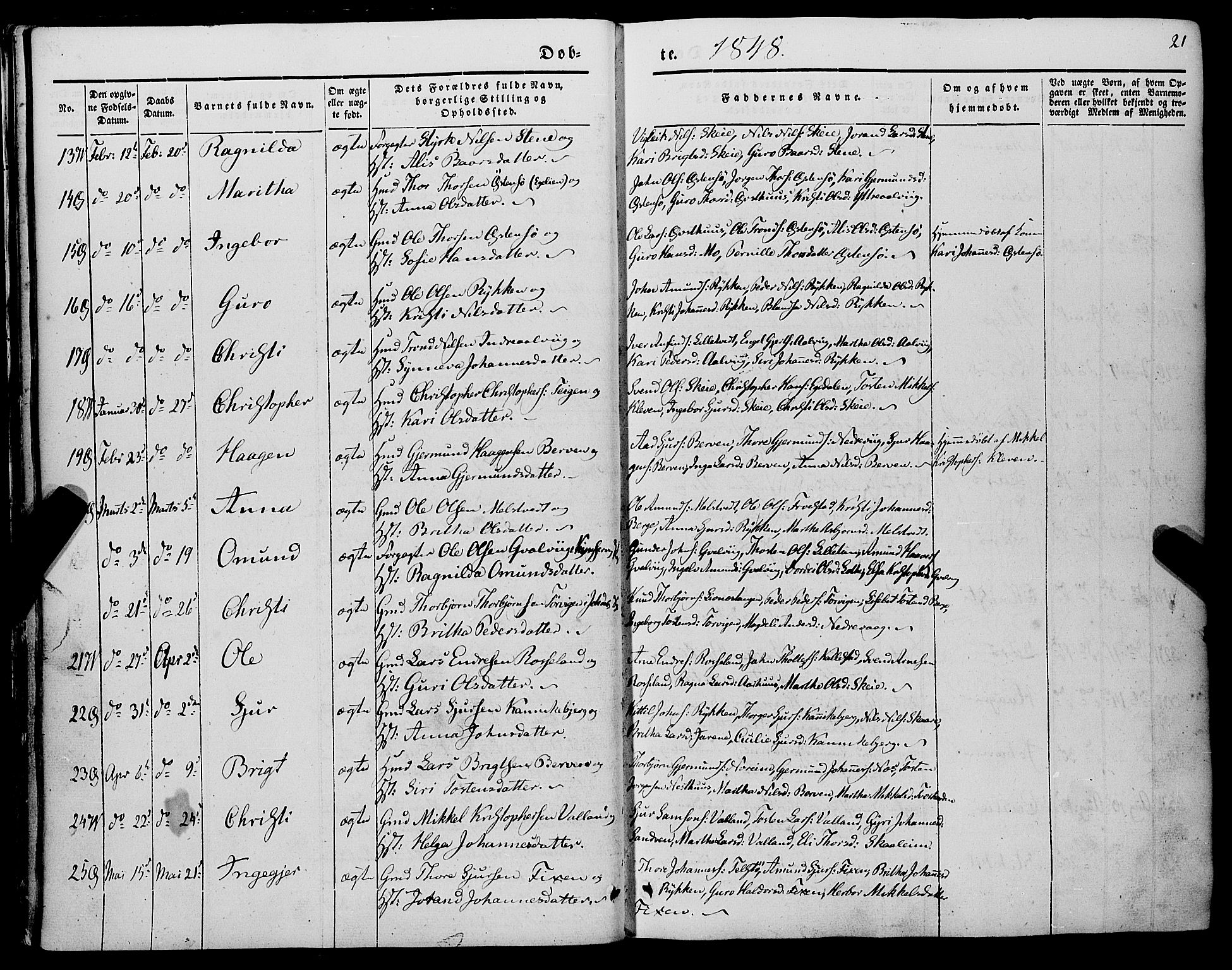 Kvam sokneprestembete, AV/SAB-A-76201/H/Haa: Parish register (official) no. A 8, 1844-1863, p. 21