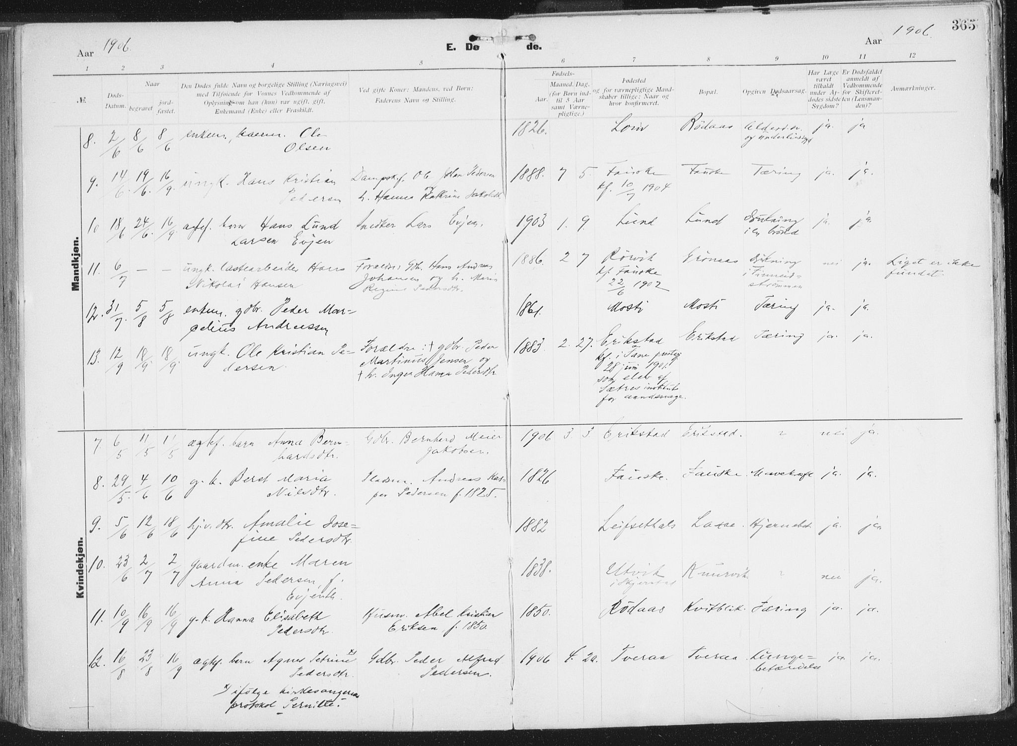 Ministerialprotokoller, klokkerbøker og fødselsregistre - Nordland, AV/SAT-A-1459/849/L0696: Parish register (official) no. 849A08, 1898-1910, p. 365