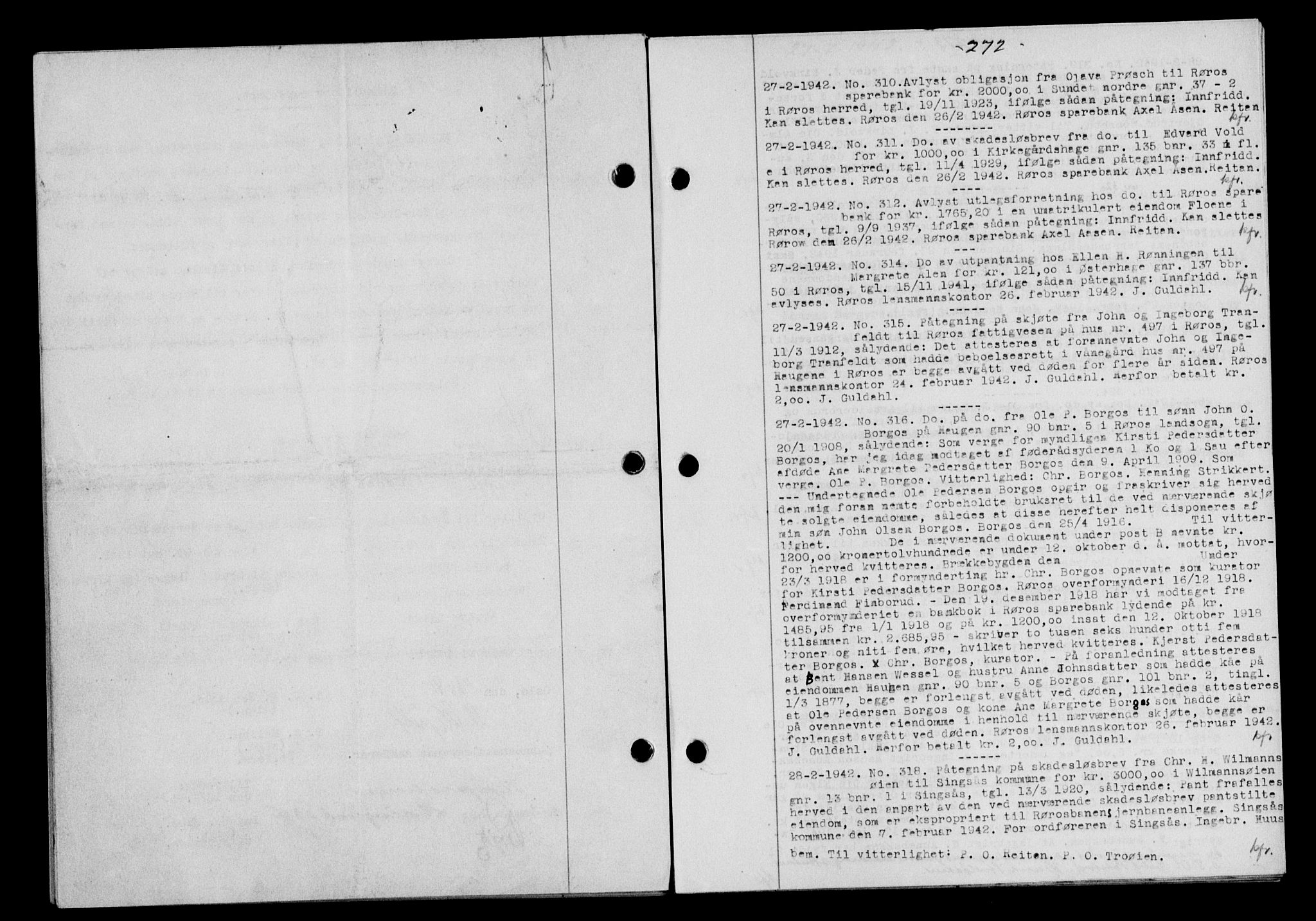 Gauldal sorenskriveri, SAT/A-0014/1/2/2C/L0054: Mortgage book no. 59, 1941-1942, Diary no: : 310/1942