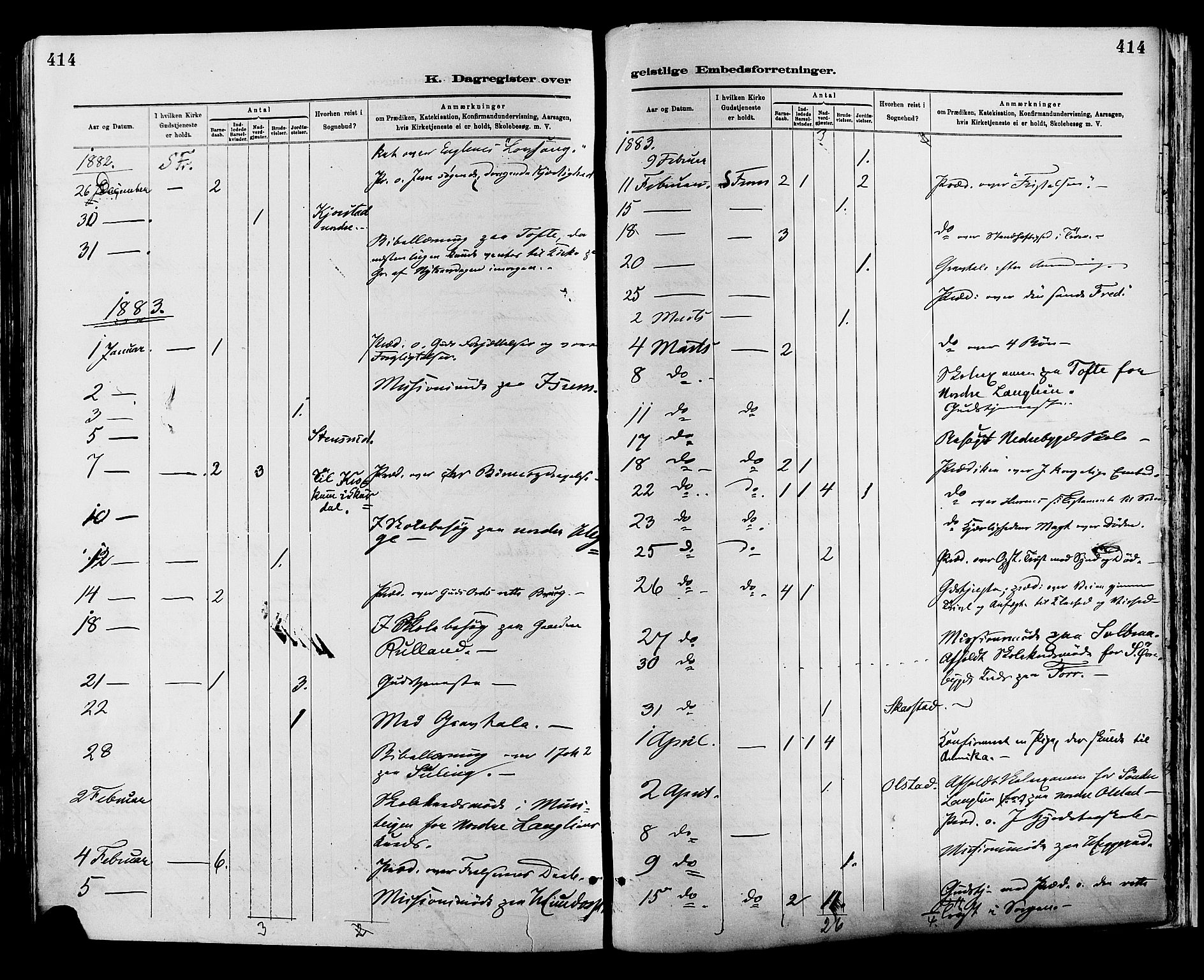 Sør-Fron prestekontor, AV/SAH-PREST-010/H/Ha/Haa/L0003: Parish register (official) no. 3, 1881-1897, p. 414