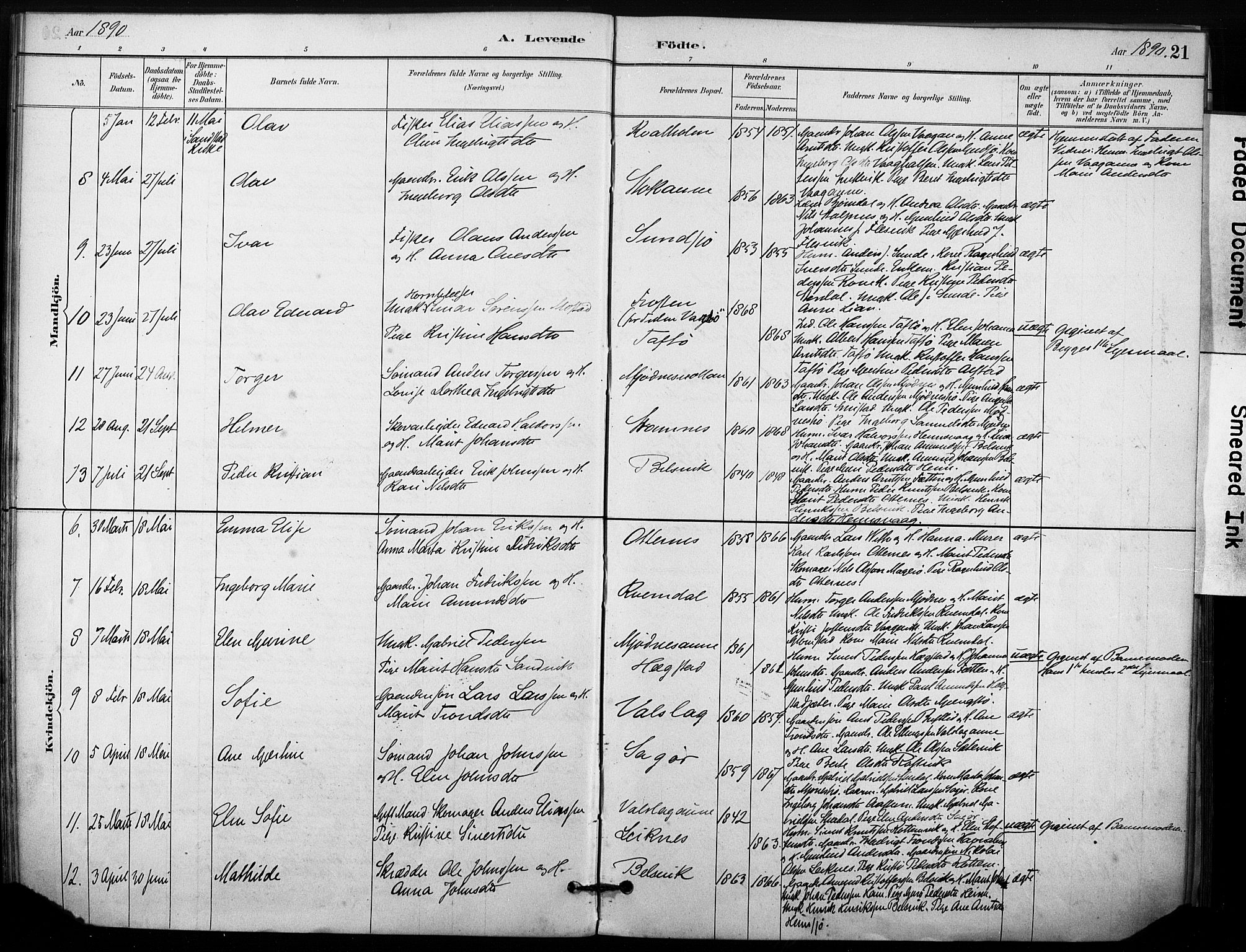 Ministerialprotokoller, klokkerbøker og fødselsregistre - Sør-Trøndelag, AV/SAT-A-1456/633/L0518: Parish register (official) no. 633A01, 1884-1906, p. 21