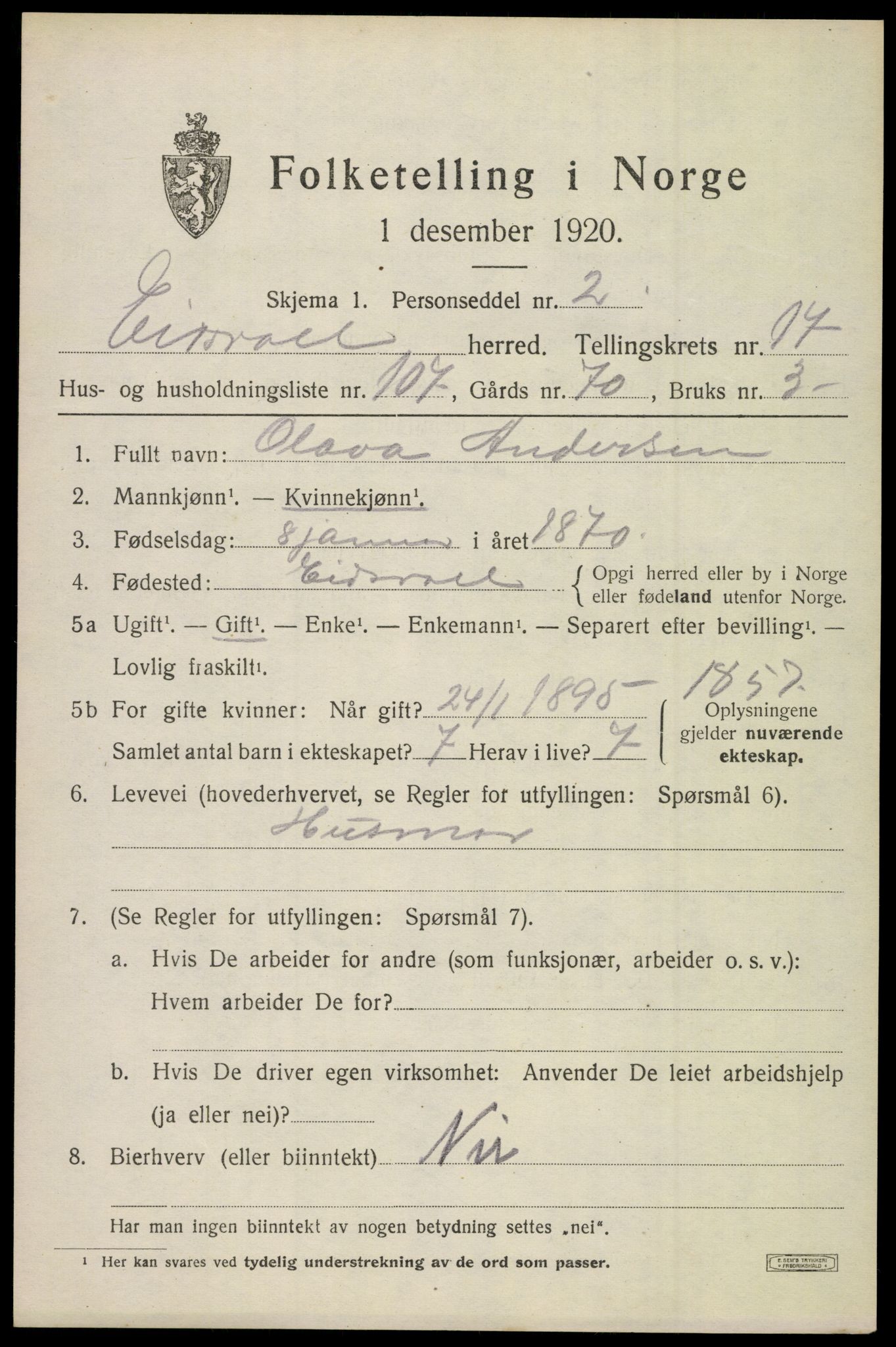 SAO, 1920 census for Eidsvoll, 1920, p. 24917